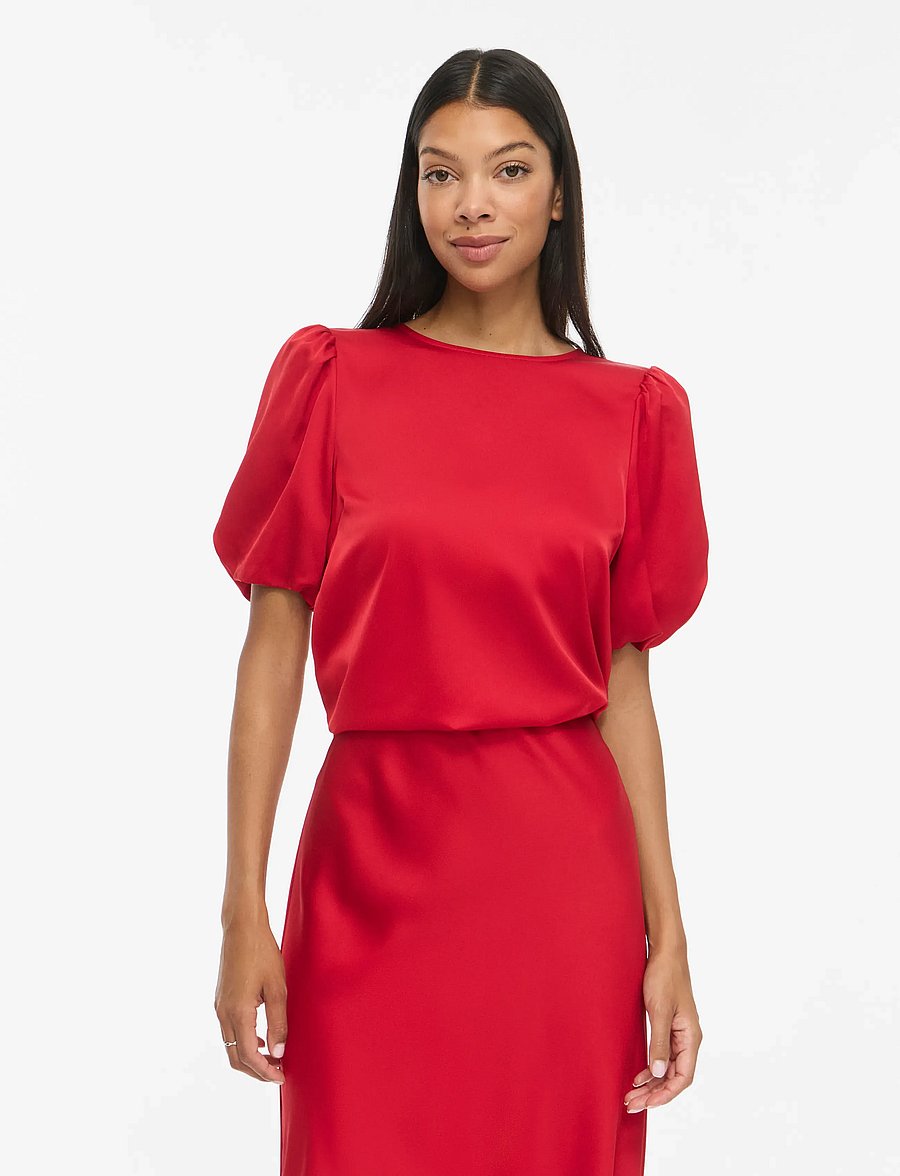 Vila - VIELLETTE 2/4 SATIN PUFF TOP - NOOS - kortärmade blusar - savvy red - 0