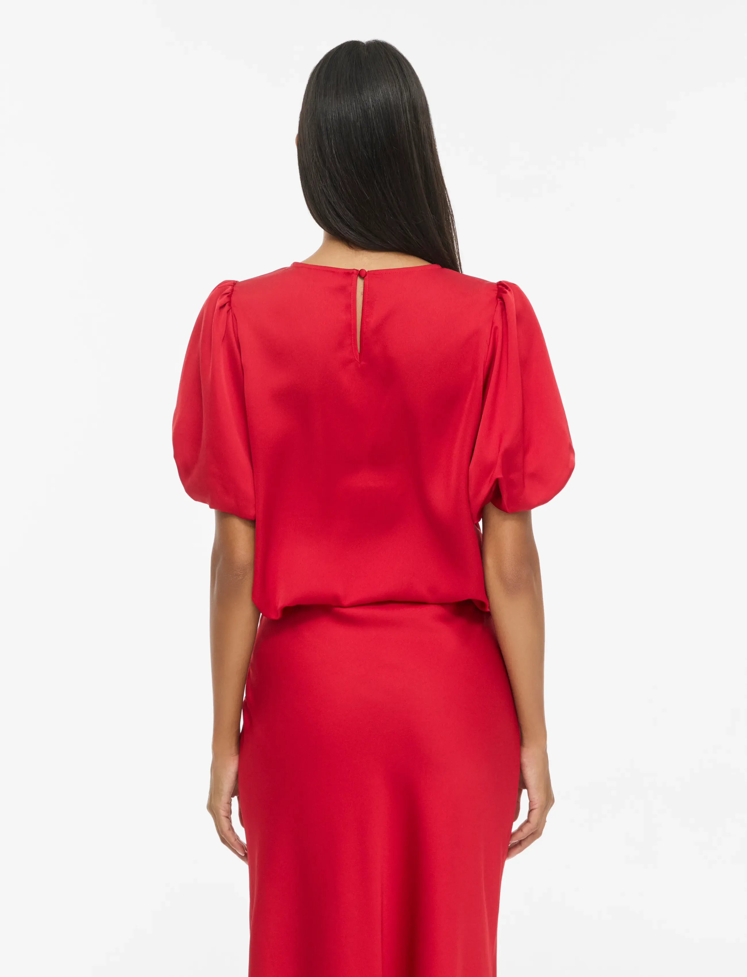 Vila - VIELLETTE 2/4 SATIN PUFF TOP - NOOS - kortärmade blusar - savvy red - 3