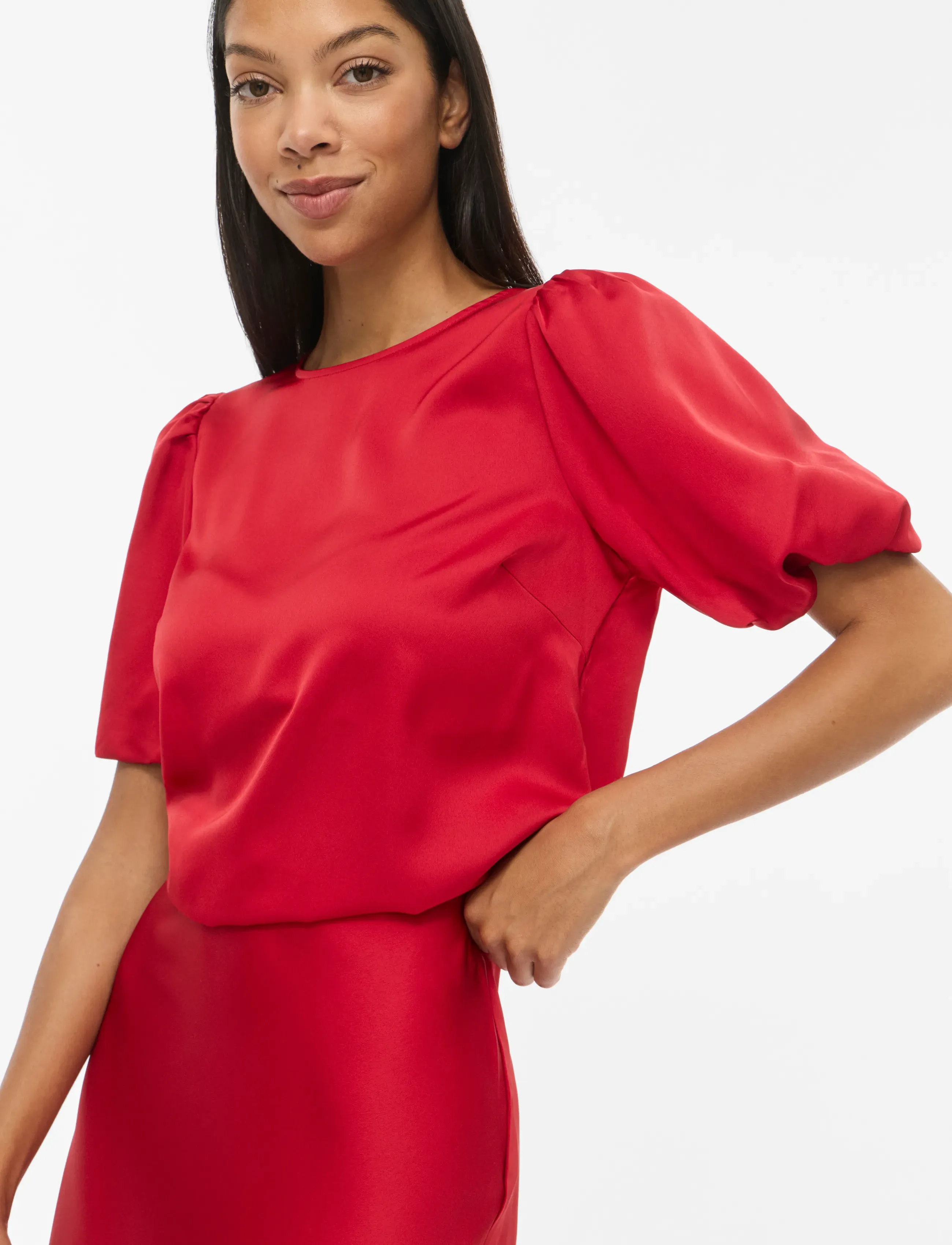 Vila - VIELLETTE 2/4 SATIN PUFF TOP - NOOS - kortärmade blusar - savvy red - 5
