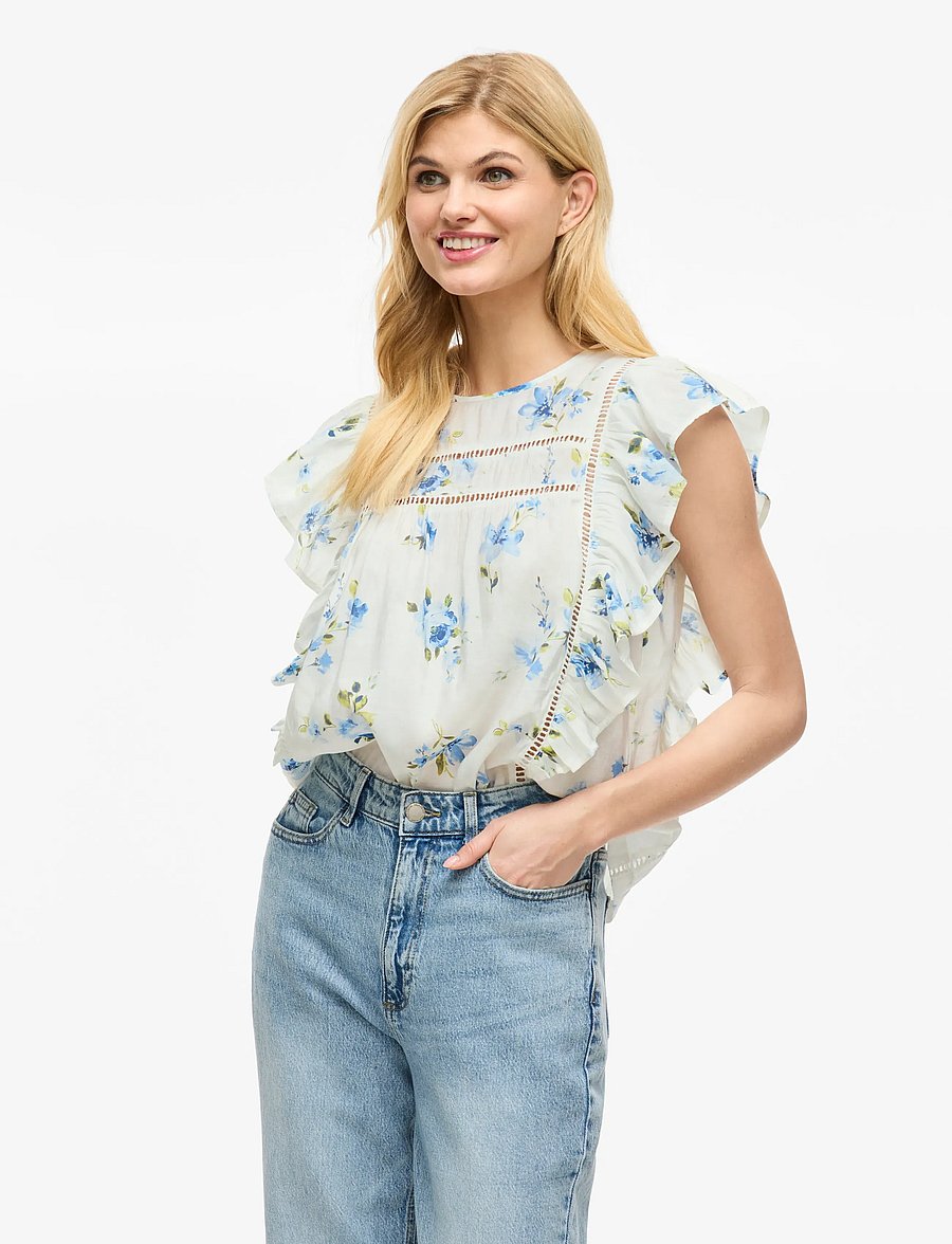 Vila - VIPRINTED O-NECK S/L TOP/KA - sleeveless blouses - snow white - 0