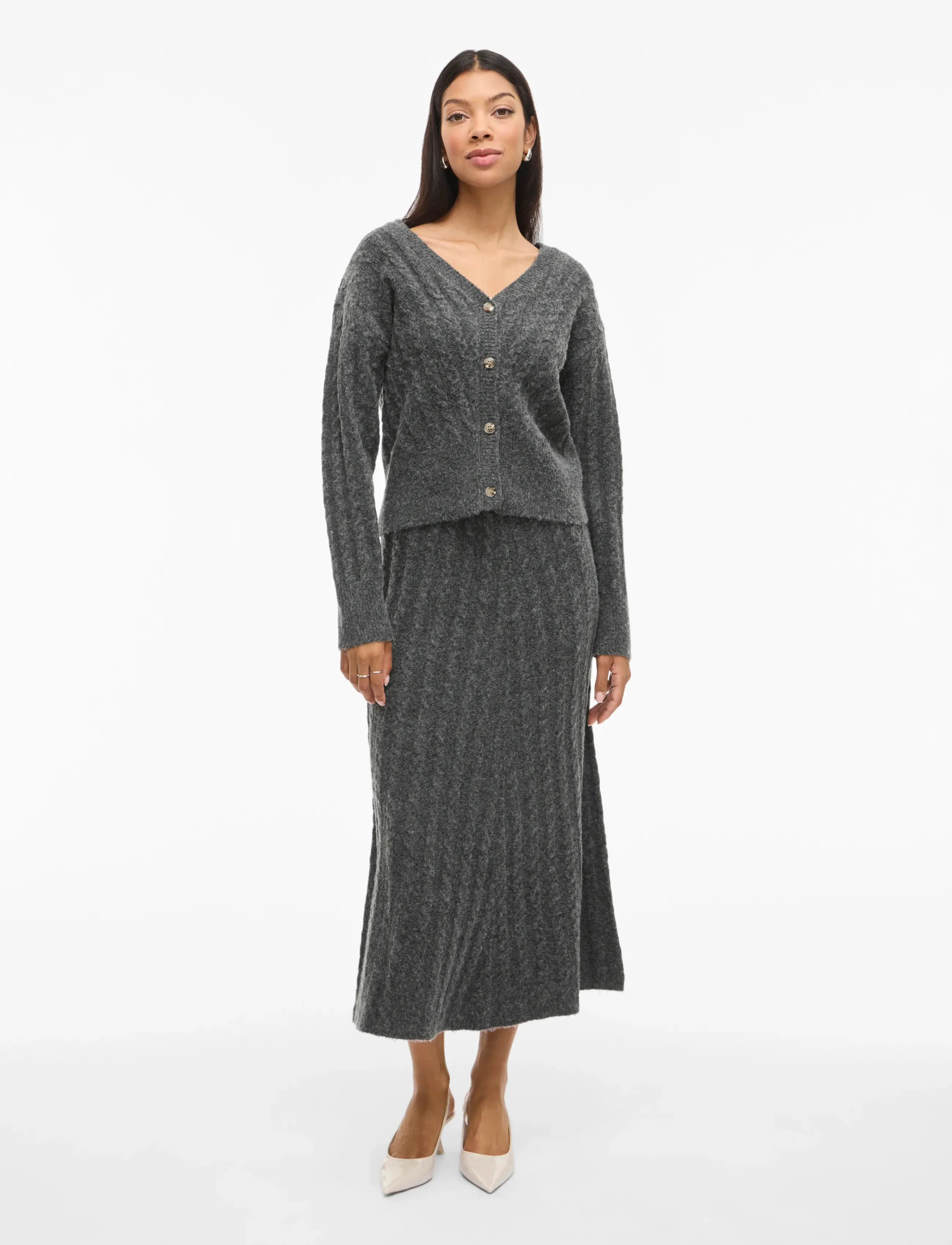 Vila - VIRELLI ANKLE CABLE KNIT SKIRT/BFS - kootud seelikud - dark grey melange - 5