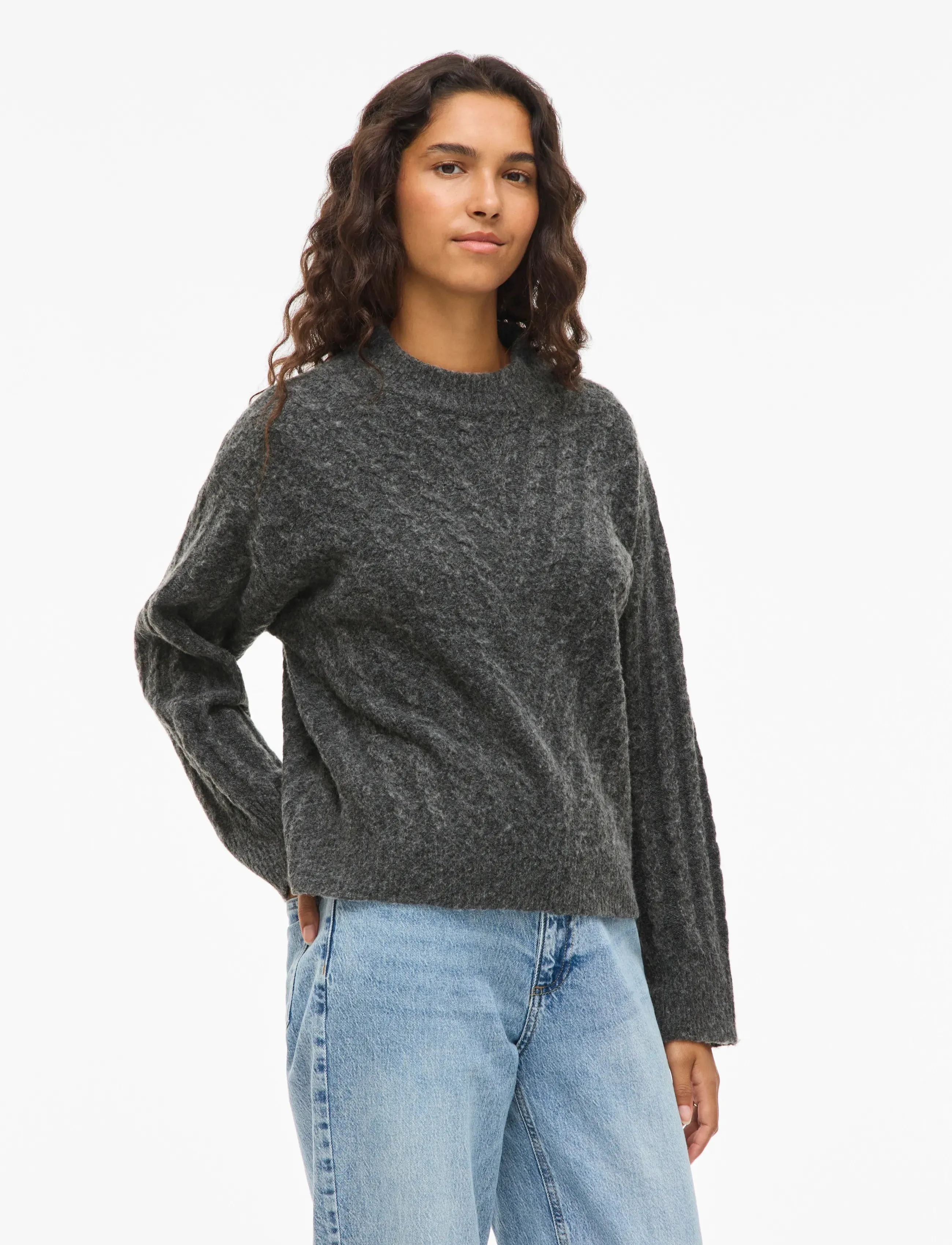 Vila Virelli Highneck L/S Cable Knit Top/Bfs, XS, Grey, Strik > Trøjer, Dame