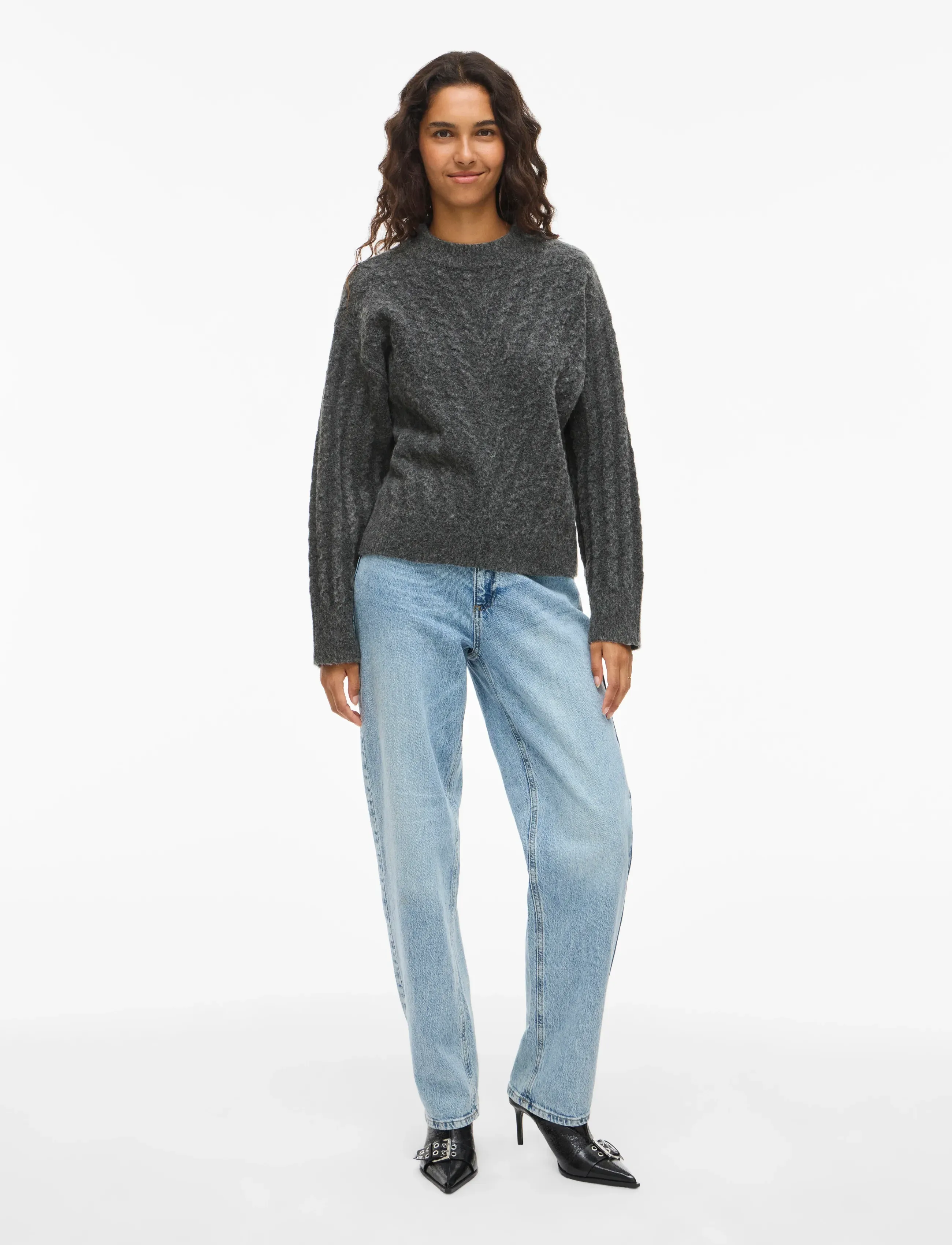 Vila - VIRELLI HIGHNECK L/S CABLE KNIT TOP/BFS - pullover - dark grey melange - 4