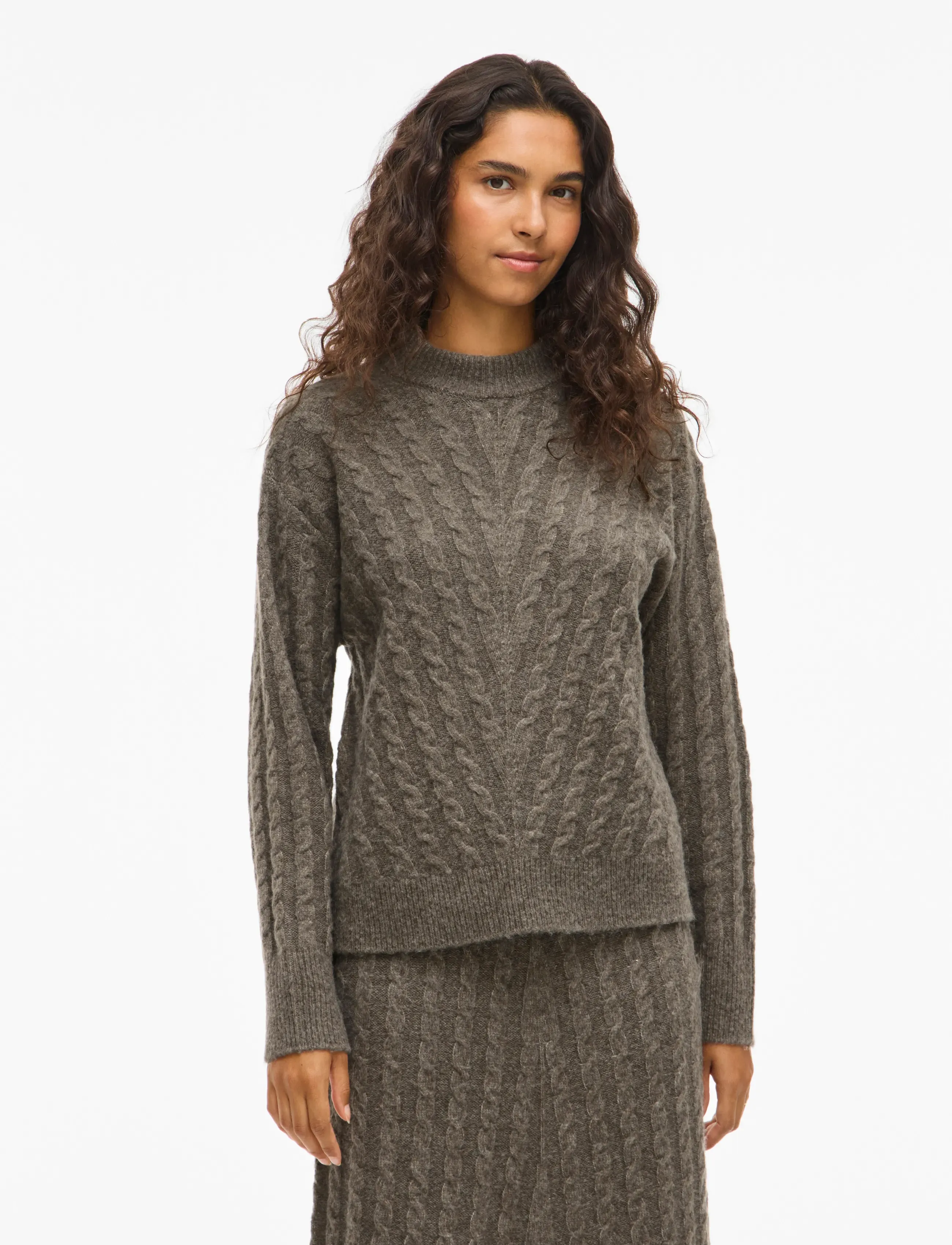 Vila Virelli Highneck L/S Cable Knit Top/Bfs, XS, Brown, Strik > Trøjer, Dame