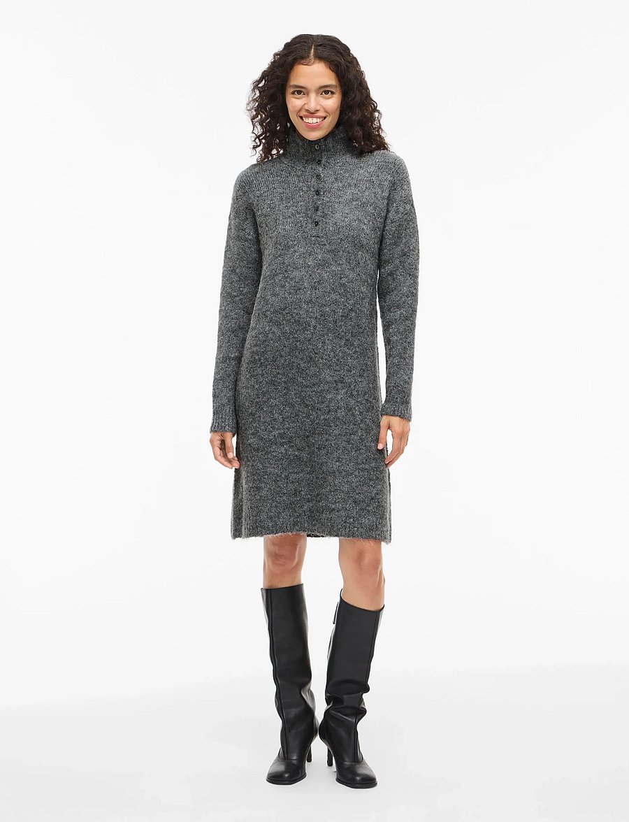 Vila - VINYNNI HIGHNECK L/S KNIT DRESS/BFS - strickkleider - dark grey melange - 4