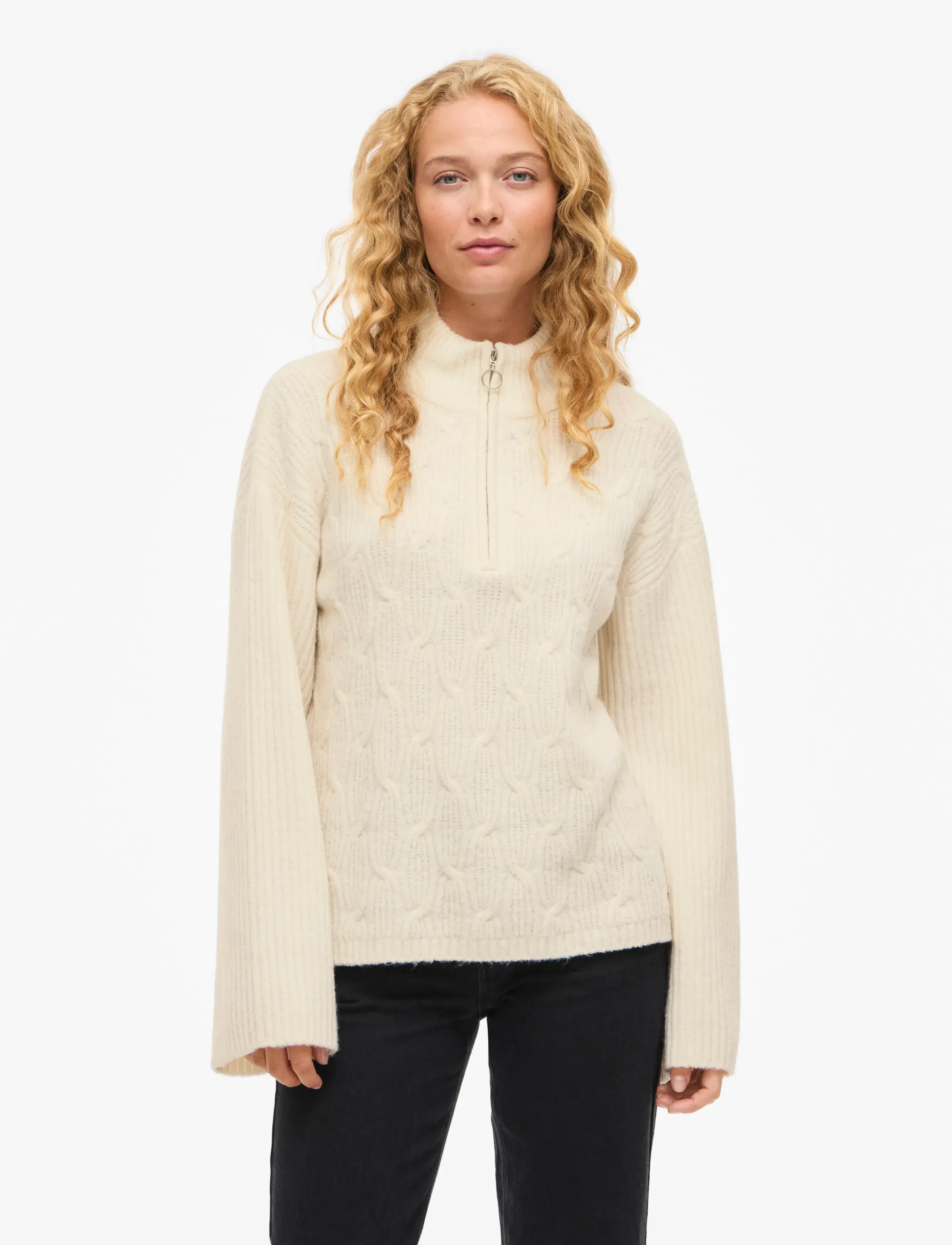 Vila ssia L/S High Neck Zipper Top Noos, Kvinder, Kabelstrikket Zip Trøje, Cream, Str: S