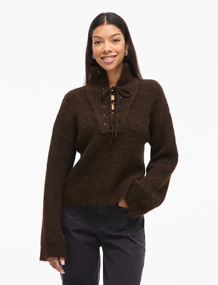 Vila - VIGLEEBA HIGH NECK L/S RIB KNIT TOP - džemperi ar augstu apkakli - coffee bean - 0
