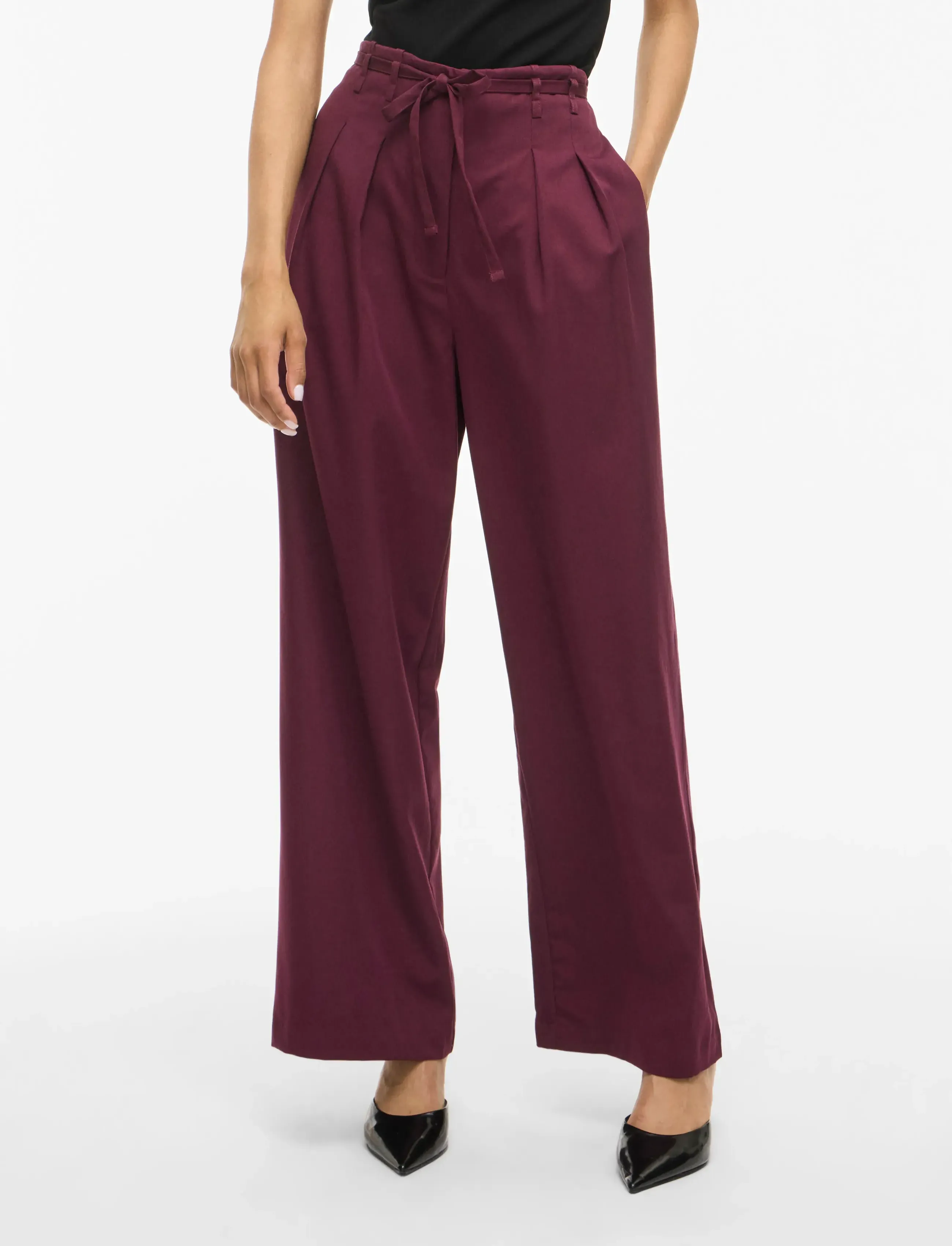 Vila VIPEYTON HW WIDE TIE PANTS - Bukser - FIG / burgundy