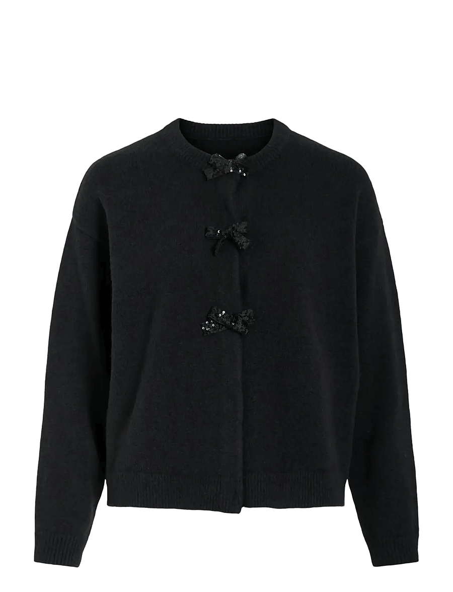 Vila - VIBRIANNA O-NECK L/S BOW KNIT CARDIGAN - koftor - black beauty - 1