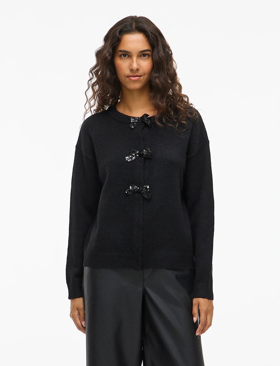 Vila - VIBRIANNA O-NECK L/S BOW KNIT CARDIGAN - koftor - black beauty - 0