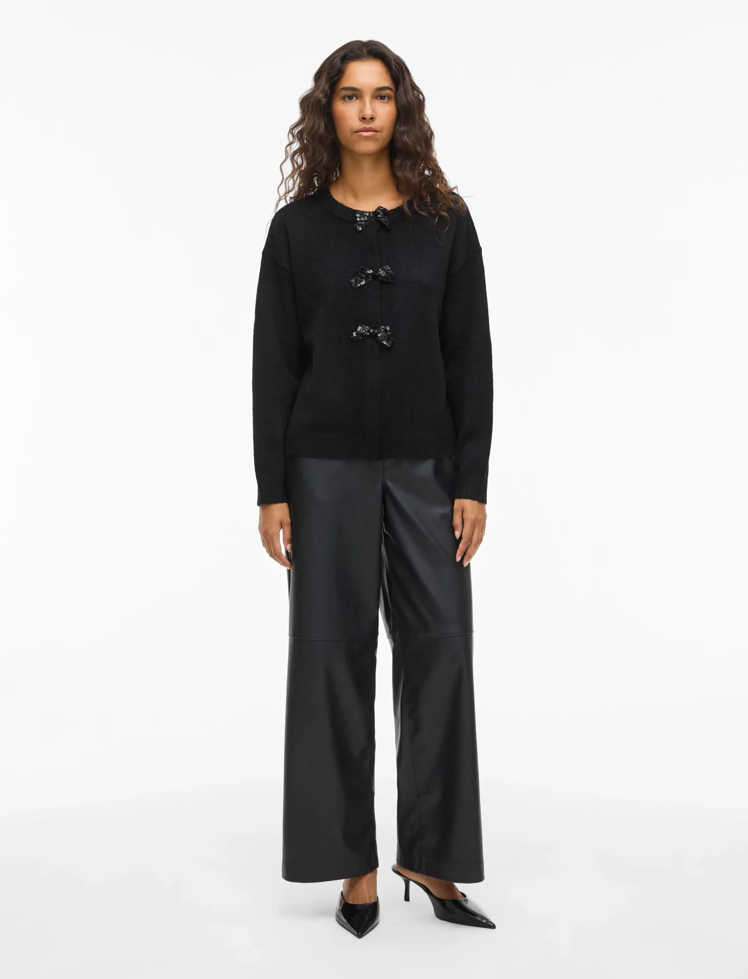 Vila - VIBRIANNA O-NECK L/S BOW KNIT CARDIGAN - cardigans - black beauty - 4
