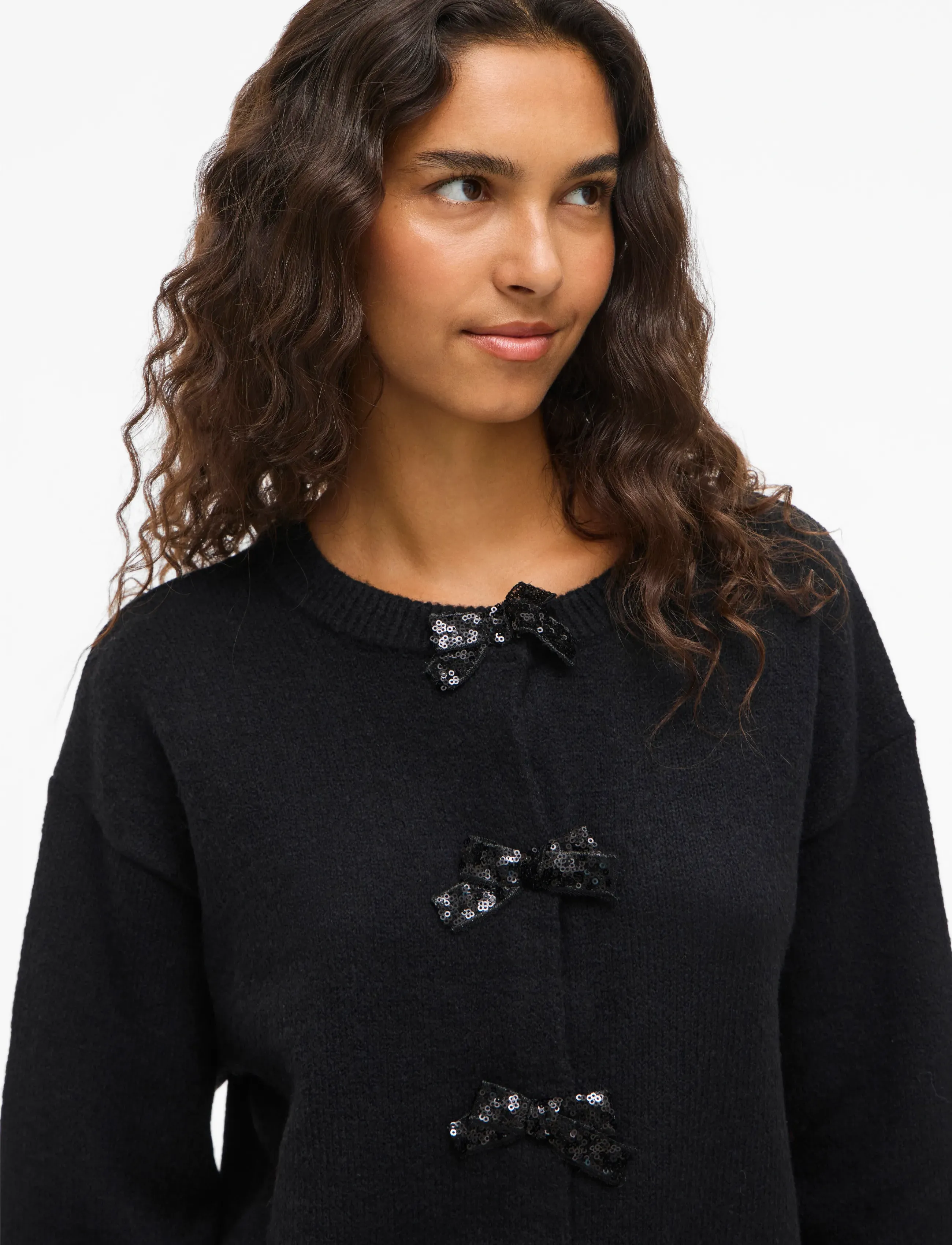 Vila - VIBRIANNA O-NECK L/S BOW KNIT CARDIGAN - cardigans - black beauty - 5