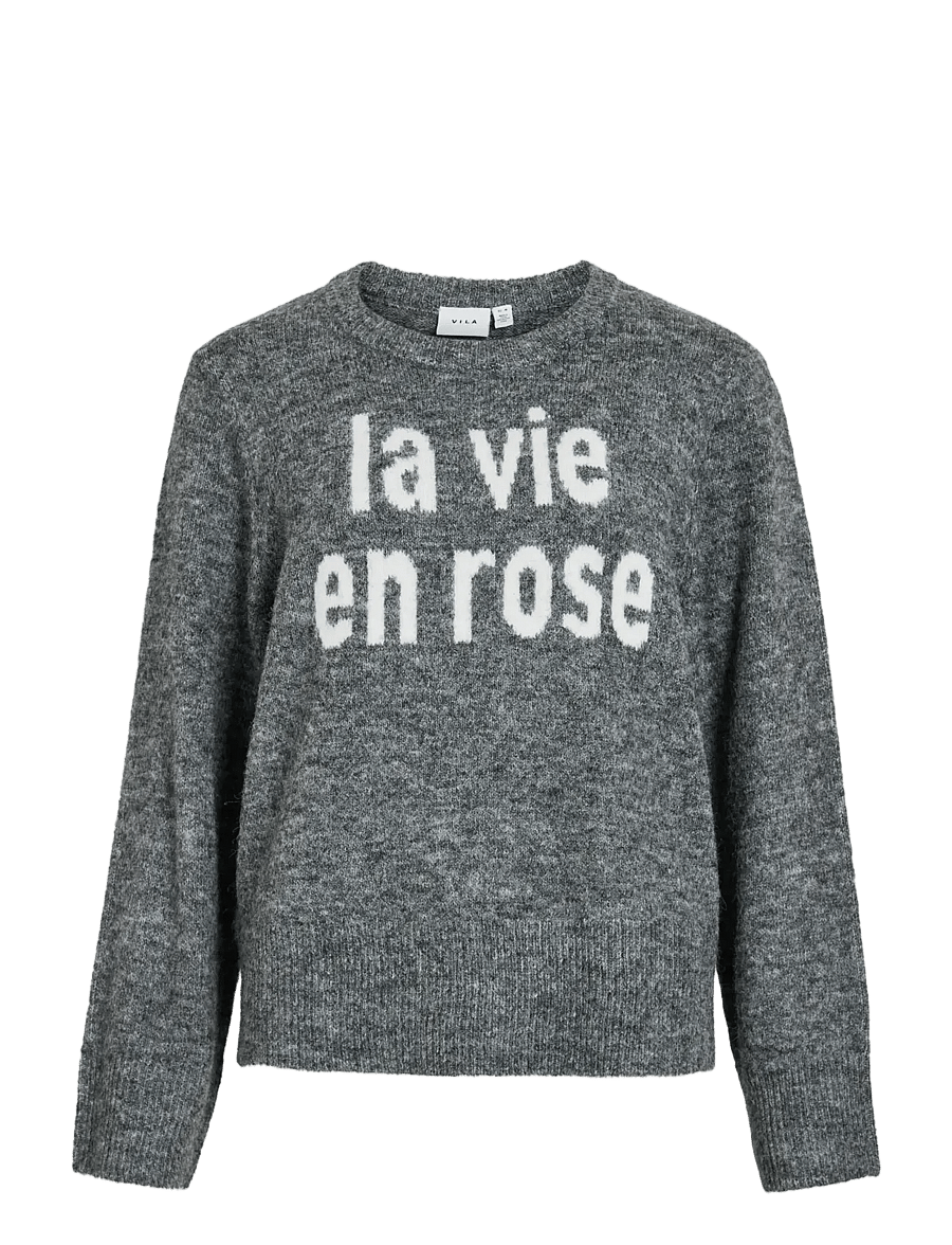 Vila - VIMELIE O-NECK L/S DETAIL KNIT TOP/R - stickade tröjor - medium grey melange - 1