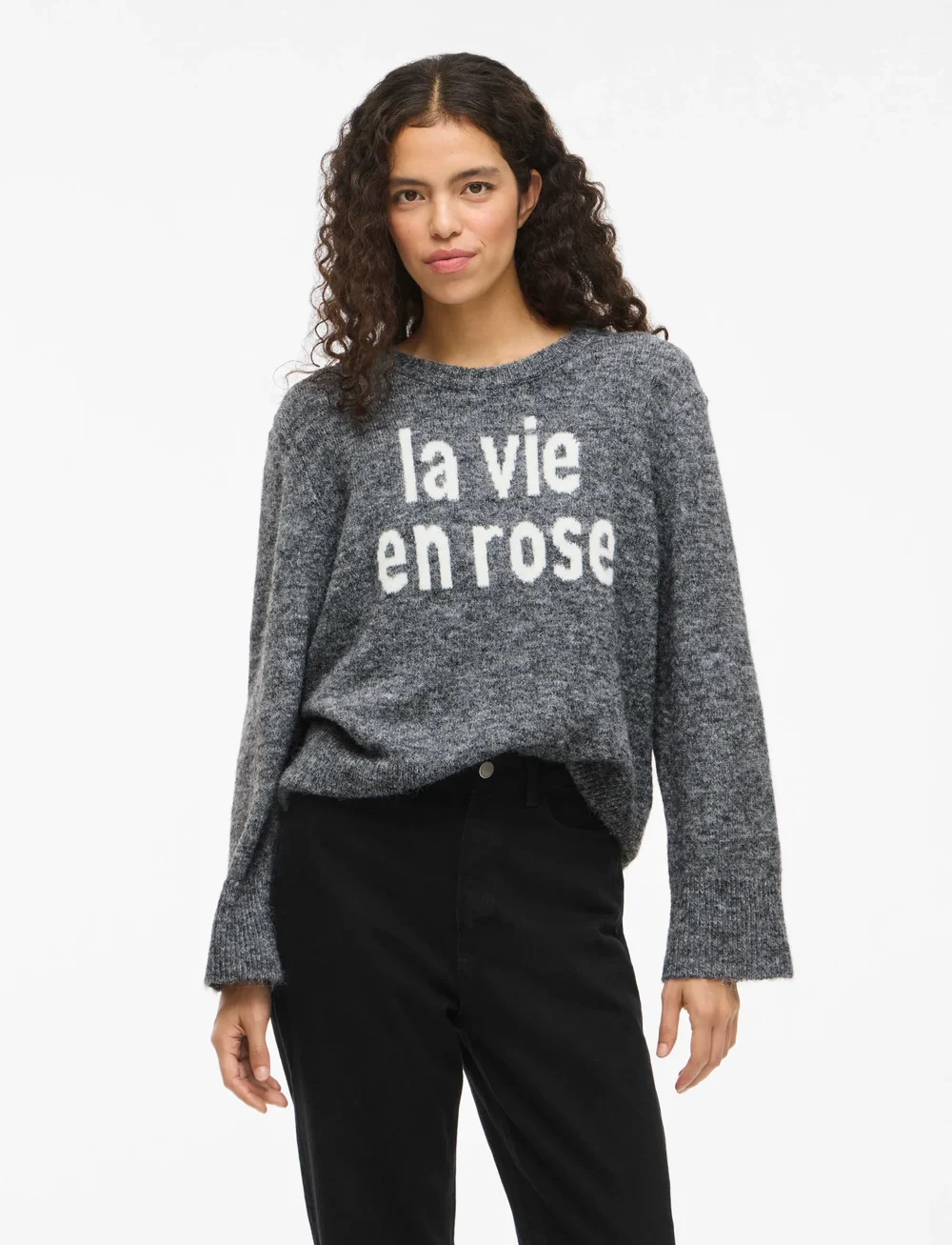 Vila - VIMELIE O-NECK L/S DETAIL KNIT TOP/R - neulepuserot - medium grey melange - 0