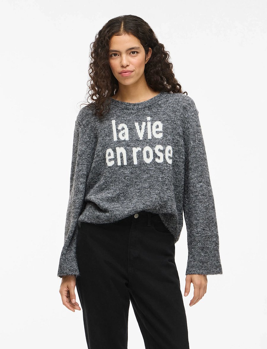 Vila - VIMELIE O-NECK L/S DETAIL KNIT TOP/R - stickade tröjor - medium grey melange - 0