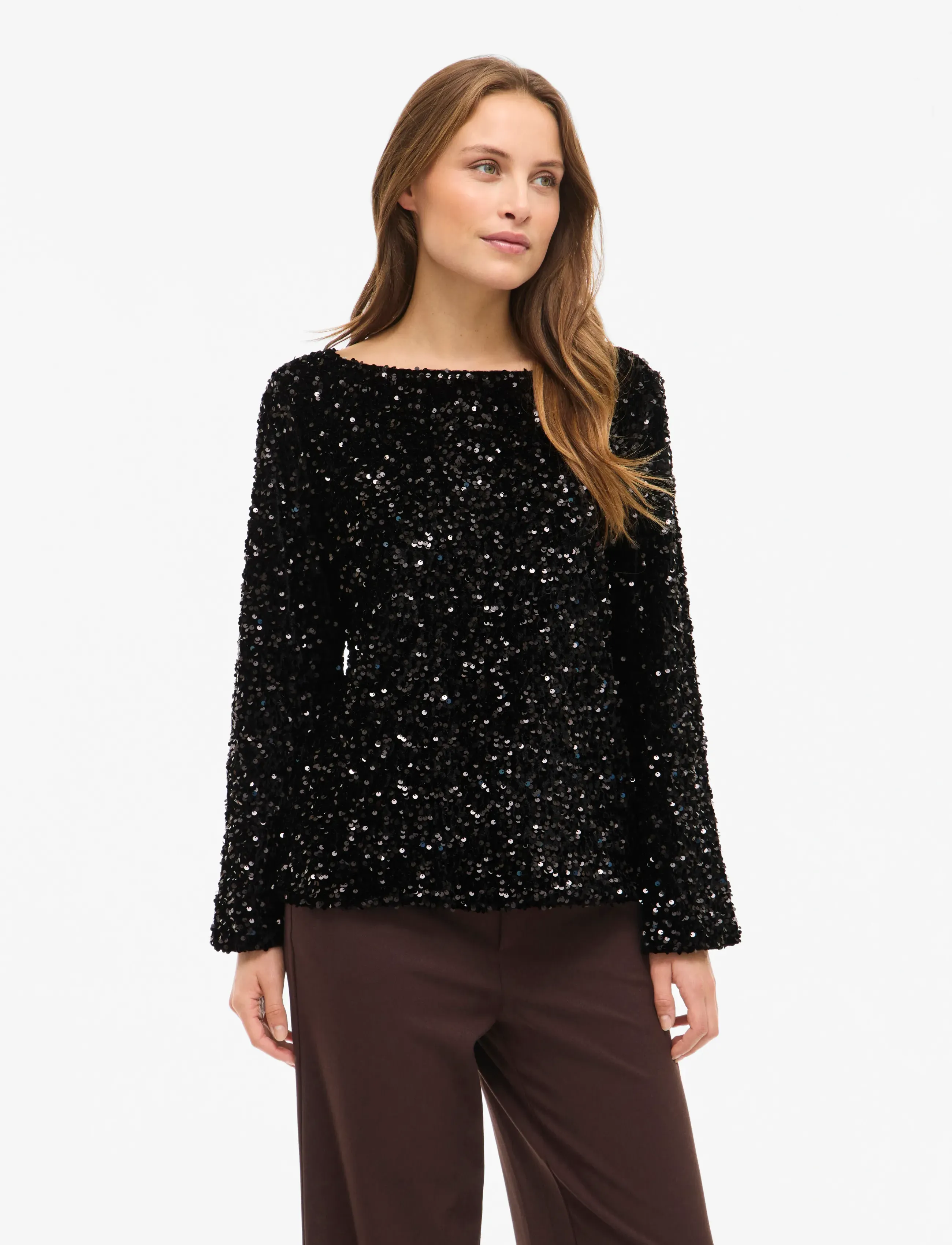 Vila Vifaith Boat Neck L/S Sequin Top/1, XS, Blouses, Schwarz - Long-sleeved, Frauen