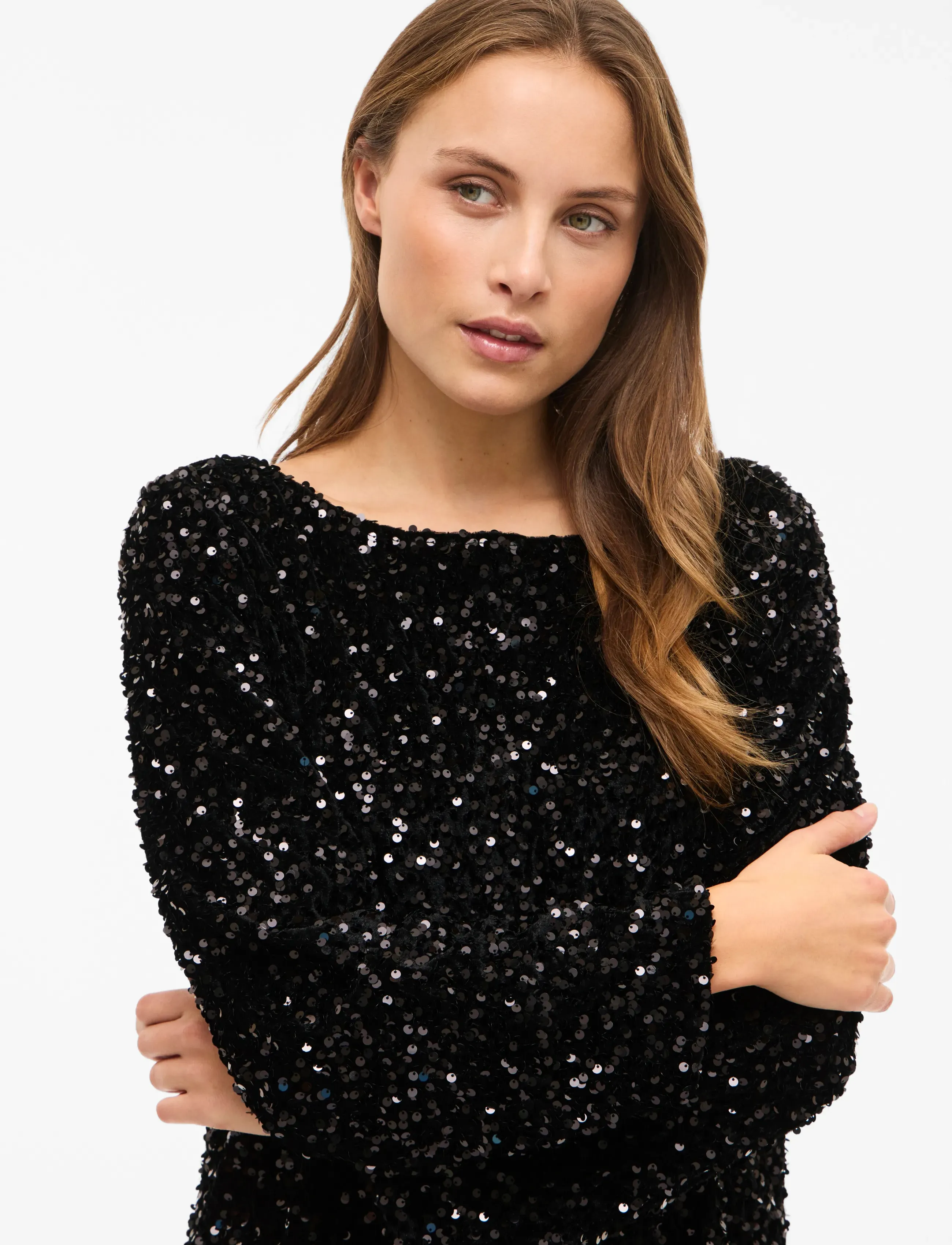 Vila - VIFAITH BOAT NECK L/S SEQUIN TOP/1 - blouses met lange mouwen - black beauty - 5