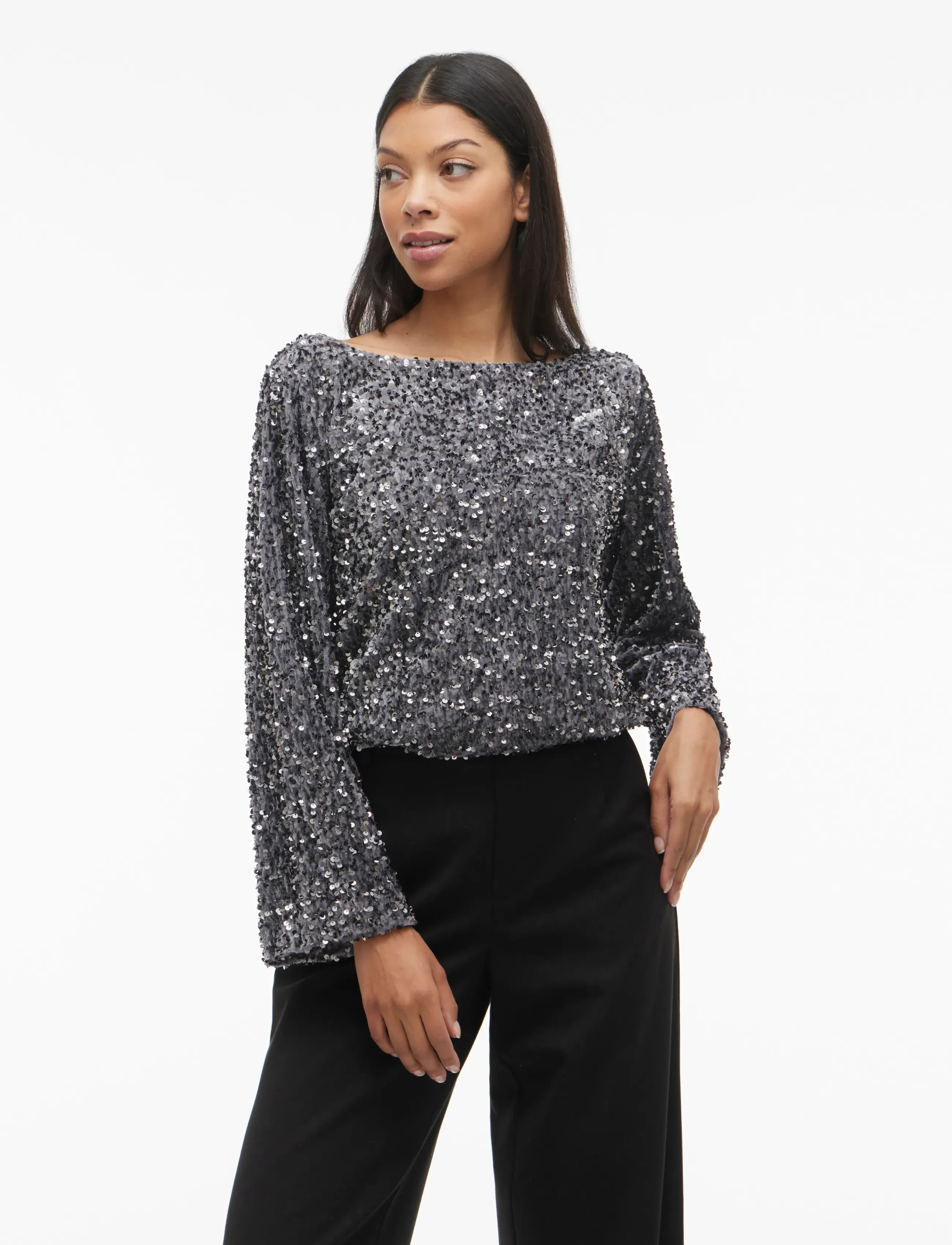 Vila Vifaith Boat Neck L/S Sequin Top/1, S, Blouses, Grau - Long-sleeved, Frauen