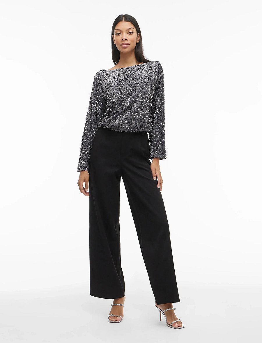 Vila - VIFAITH BOAT NECK L/S SEQUIN TOP/1 - langærmede bluser - poppy seed - 4