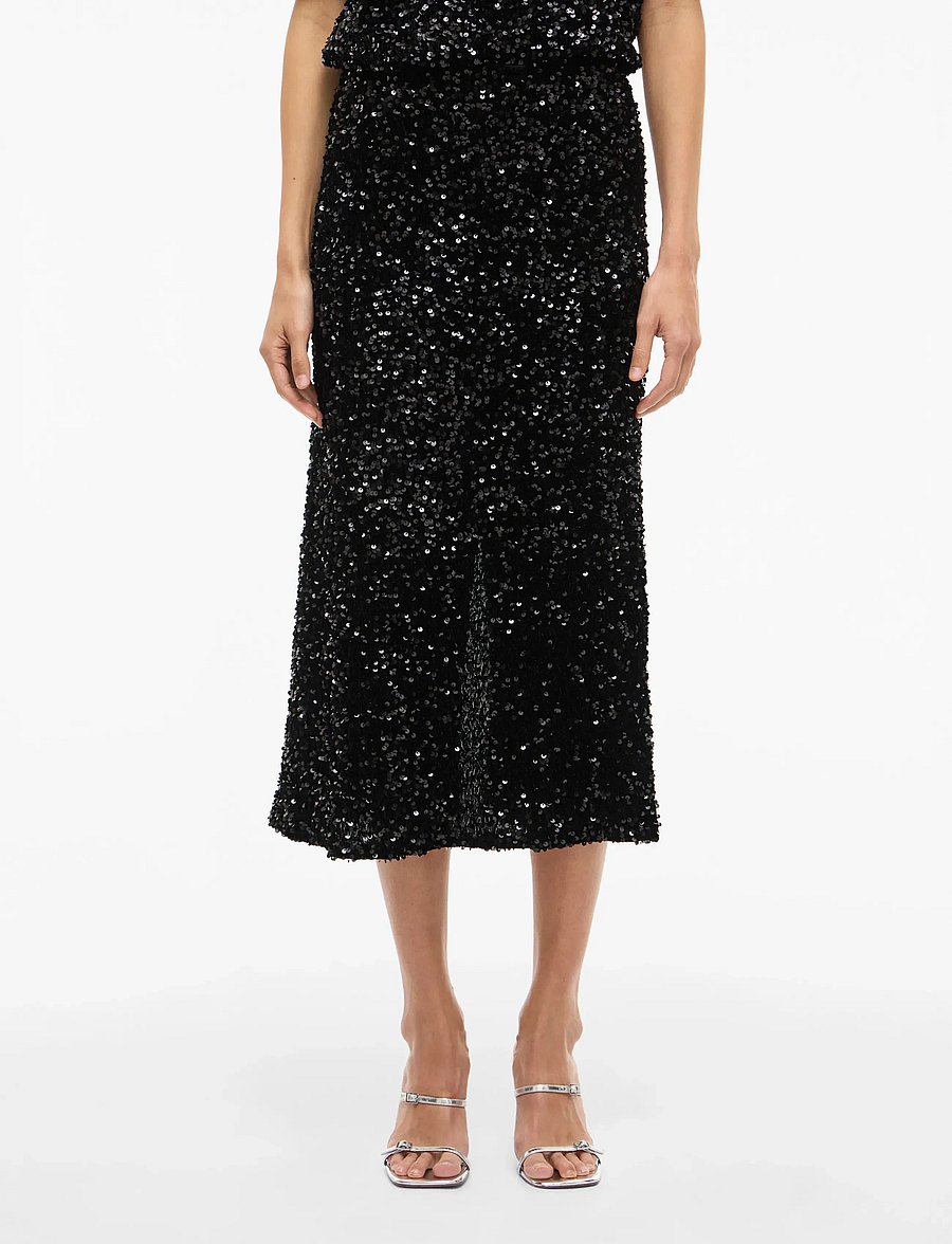 Vila - VIFAITH HW MIDI SEQUIN SKIRT/1 - svārki ar fliteriem - black beauty - 0
