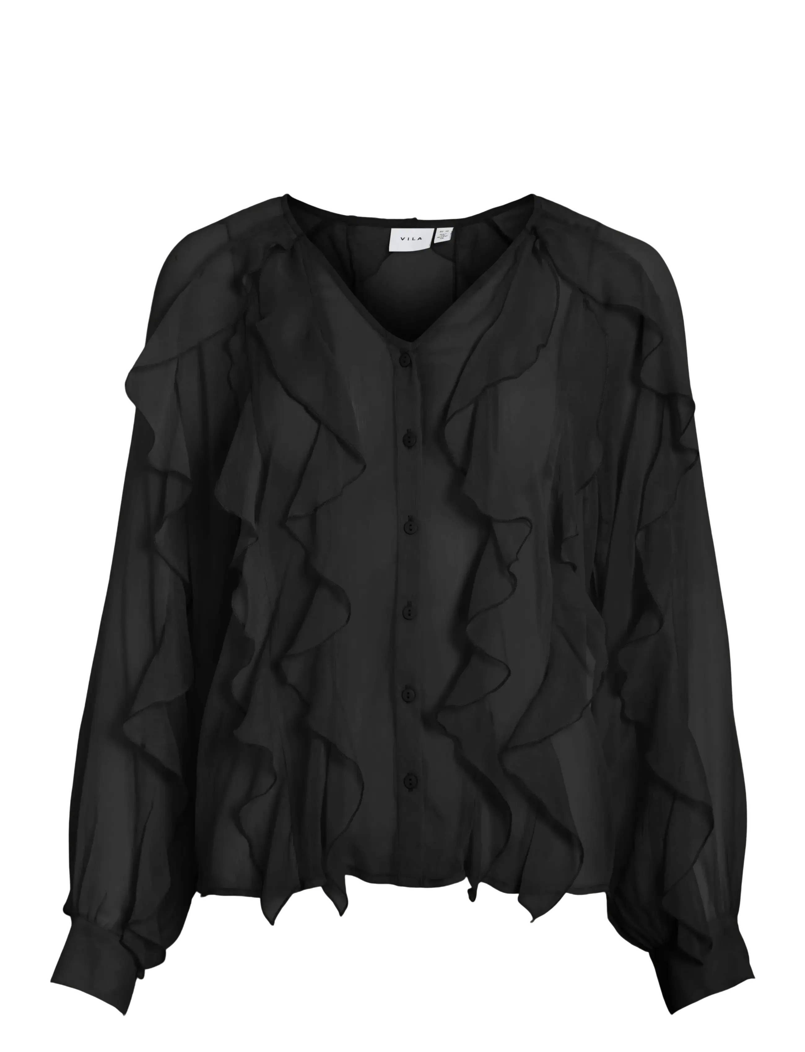 VILA Vimitalla V-Ausschnitt L/S Flounce Shirt Schwarz - 38 - Damen