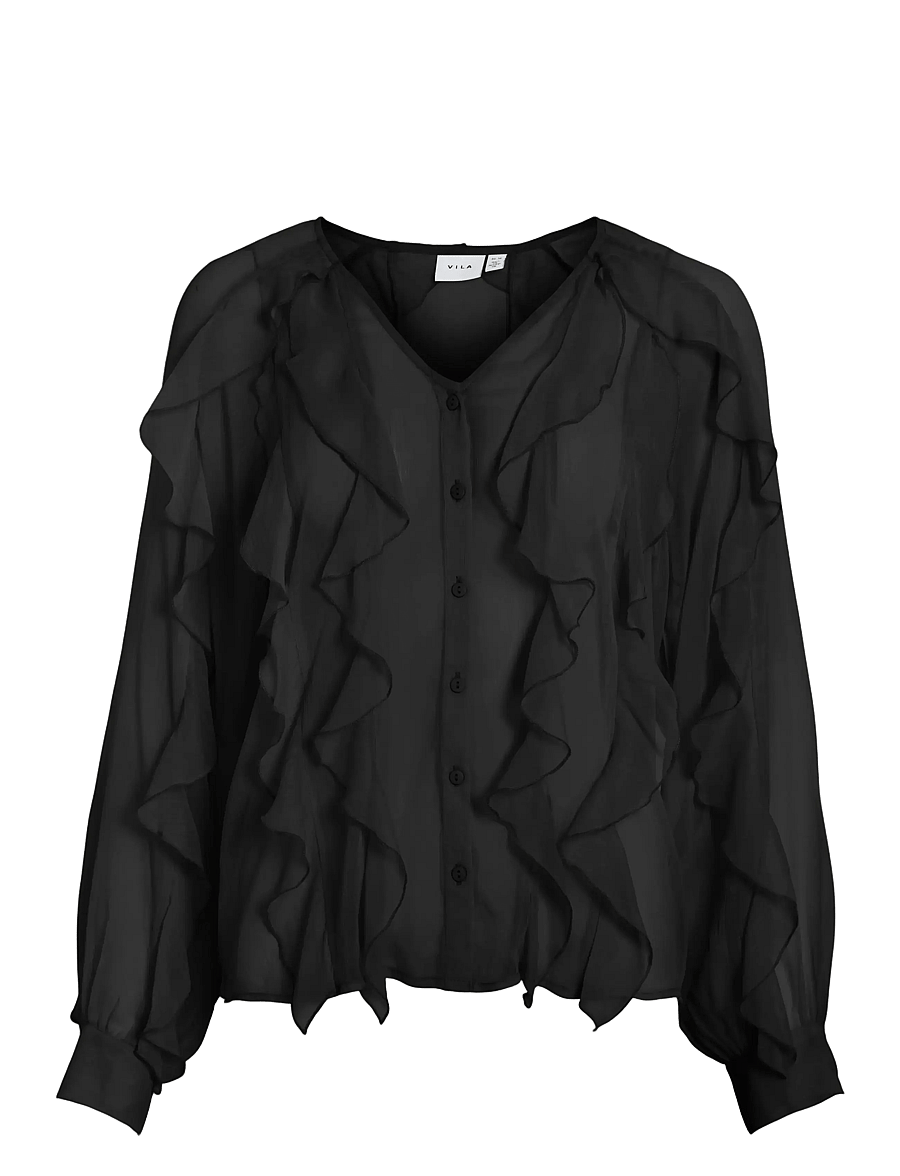 Vila - VIMITALLA V-NECK L/S FLOUNCE SHIRT - långärmade skjortor - black beauty - 0
