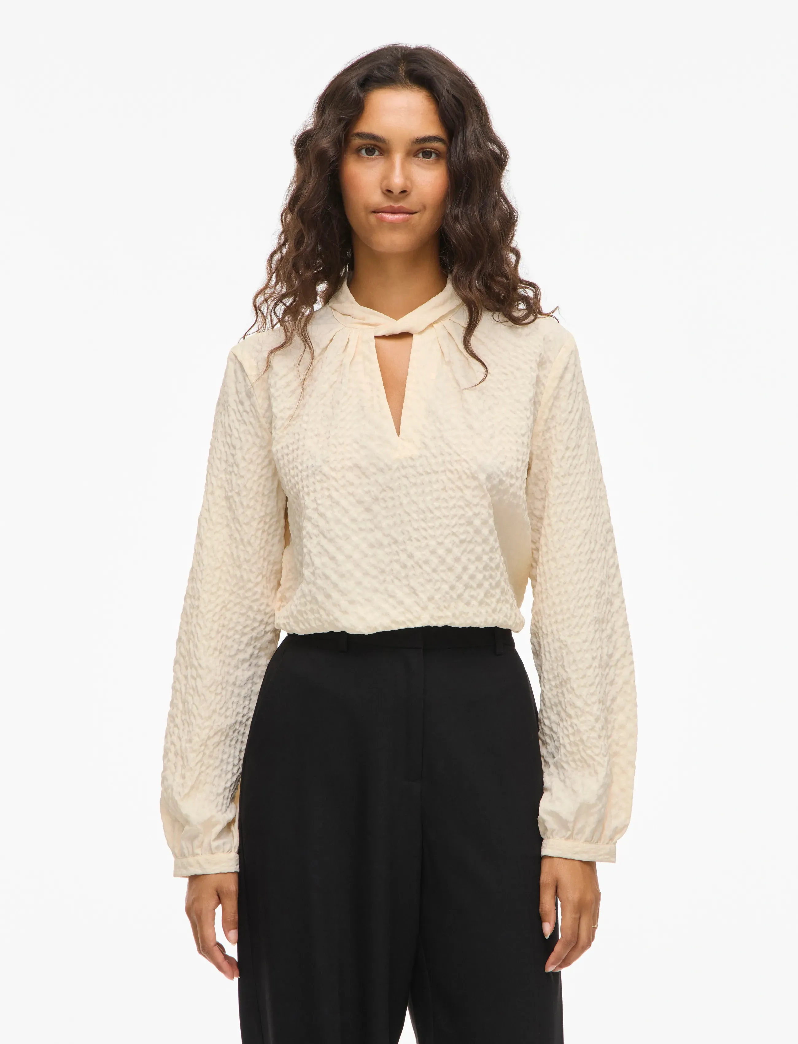 Vila Viveama L/S High Neck Top/Pb, 34, Blouses, Creme - Long-sleeved, Frauen