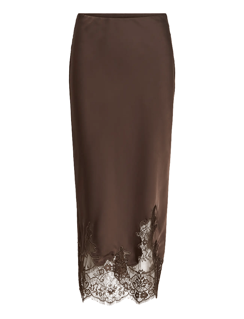 Vila - VISABEL HW MIDI LACE DETAIL SKIRT - satinnederdele - chocolate brown - 1