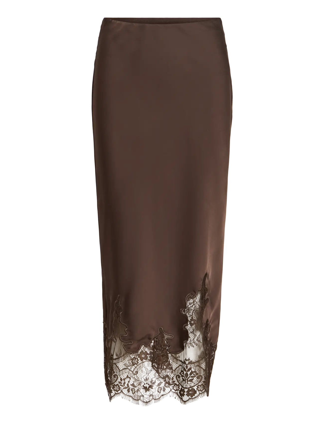 Vila VISABEL HW MIDI LACE DETAIL SKIRT - Spódnice Satynowe - CHOCOLATE BROWN / brown