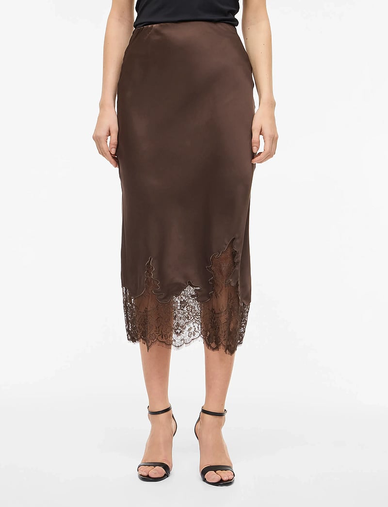 Vila - VISABEL HW MIDI LACE DETAIL SKIRT - satinnederdele - chocolate brown - 0