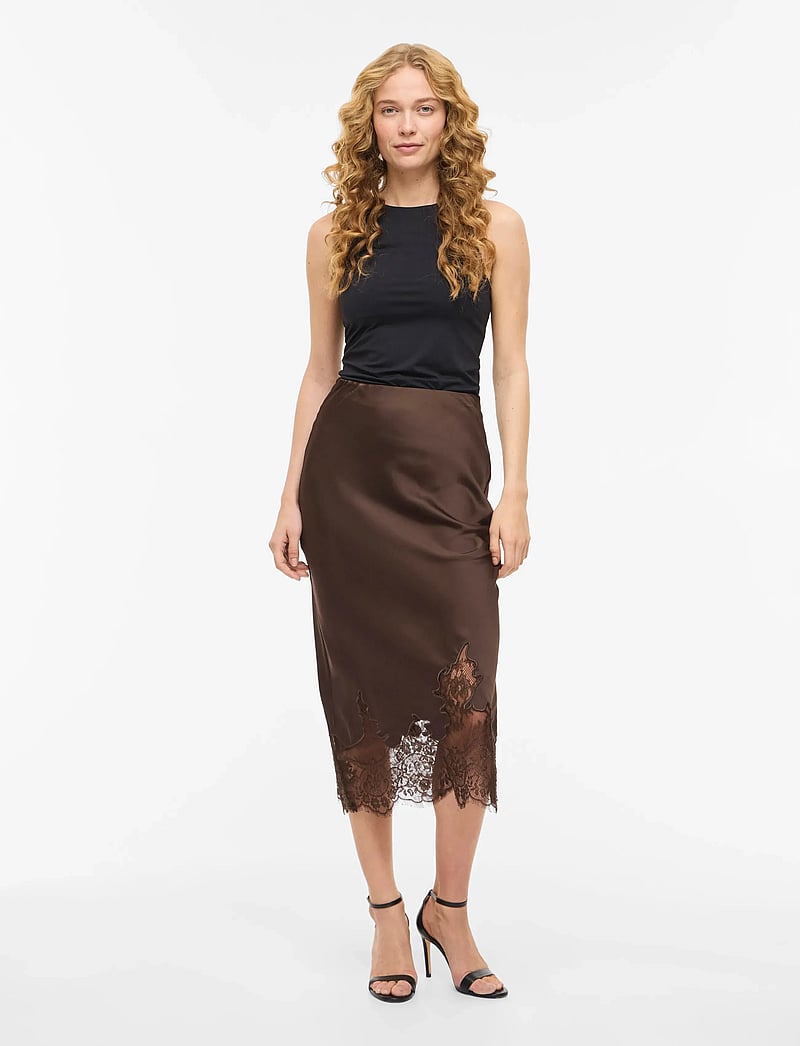 Vila - VISABEL HW MIDI LACE DETAIL SKIRT - satinnederdele - chocolate brown - 3