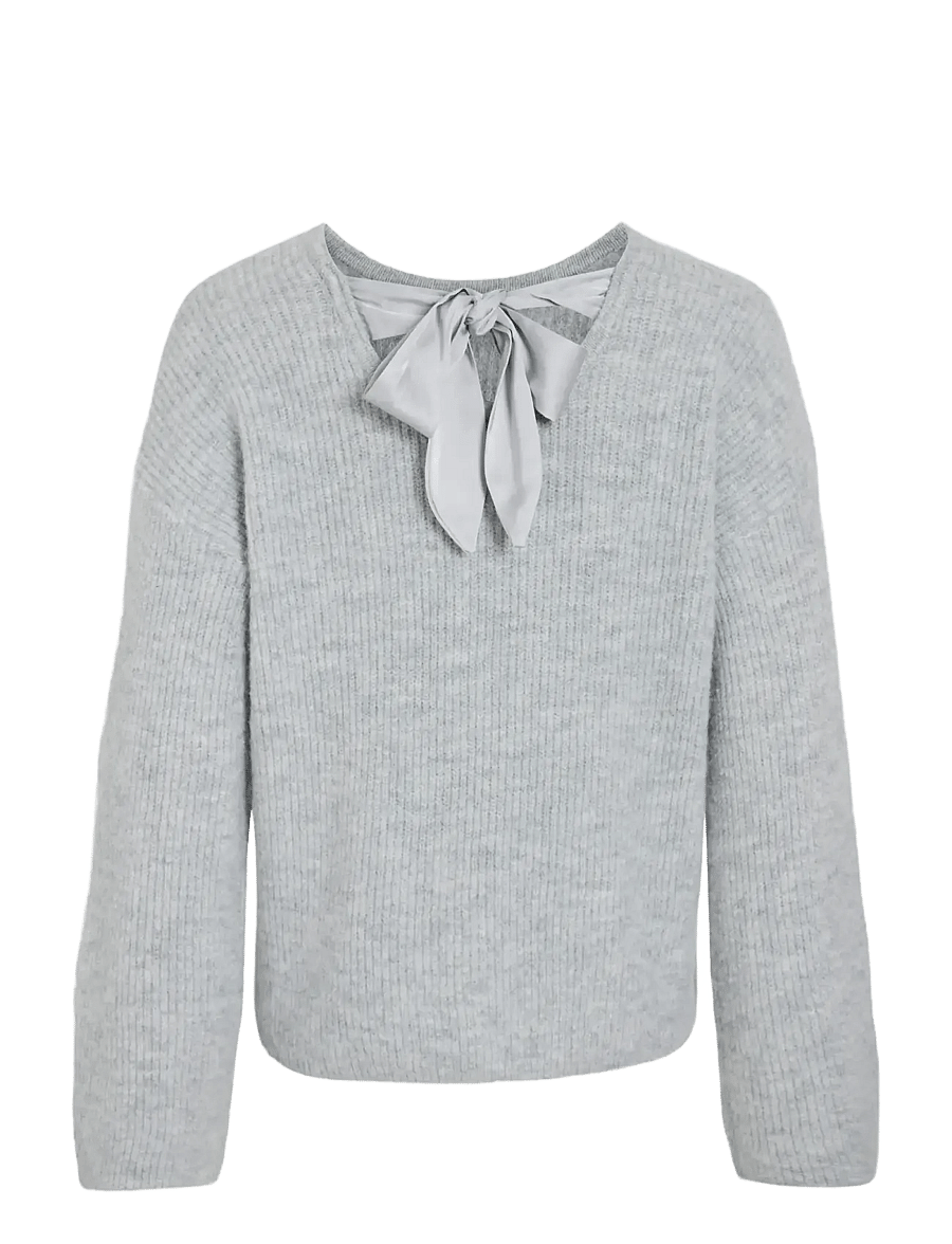 Vila - VIRETTA O-NECK L/S KNIT BOW TOP/LN - striktrøjer - light grey denim - 1