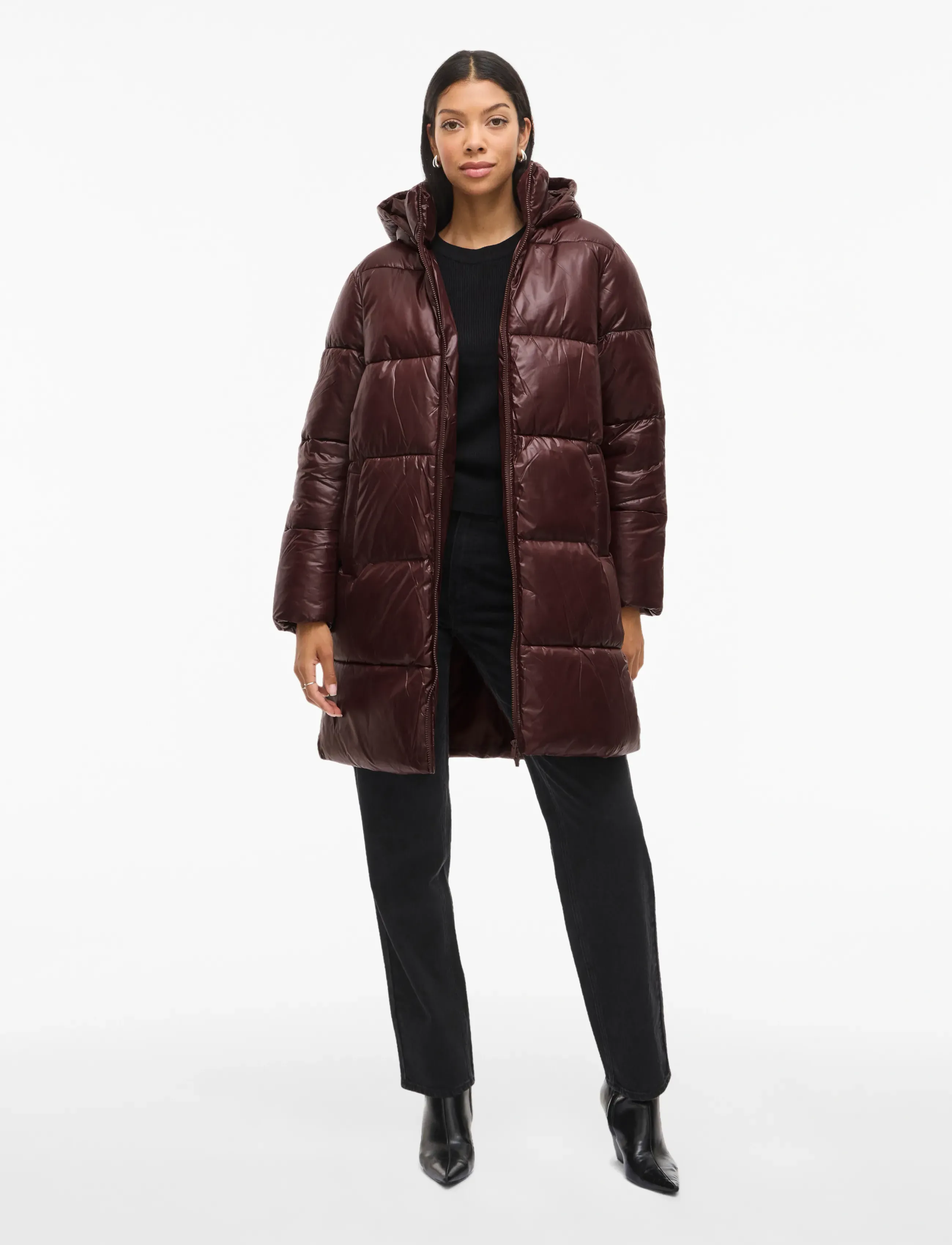 Vila Vilidda L/S Hood Shinny Puffer Jacket, 34, Coats, Braun - Padded Frauen