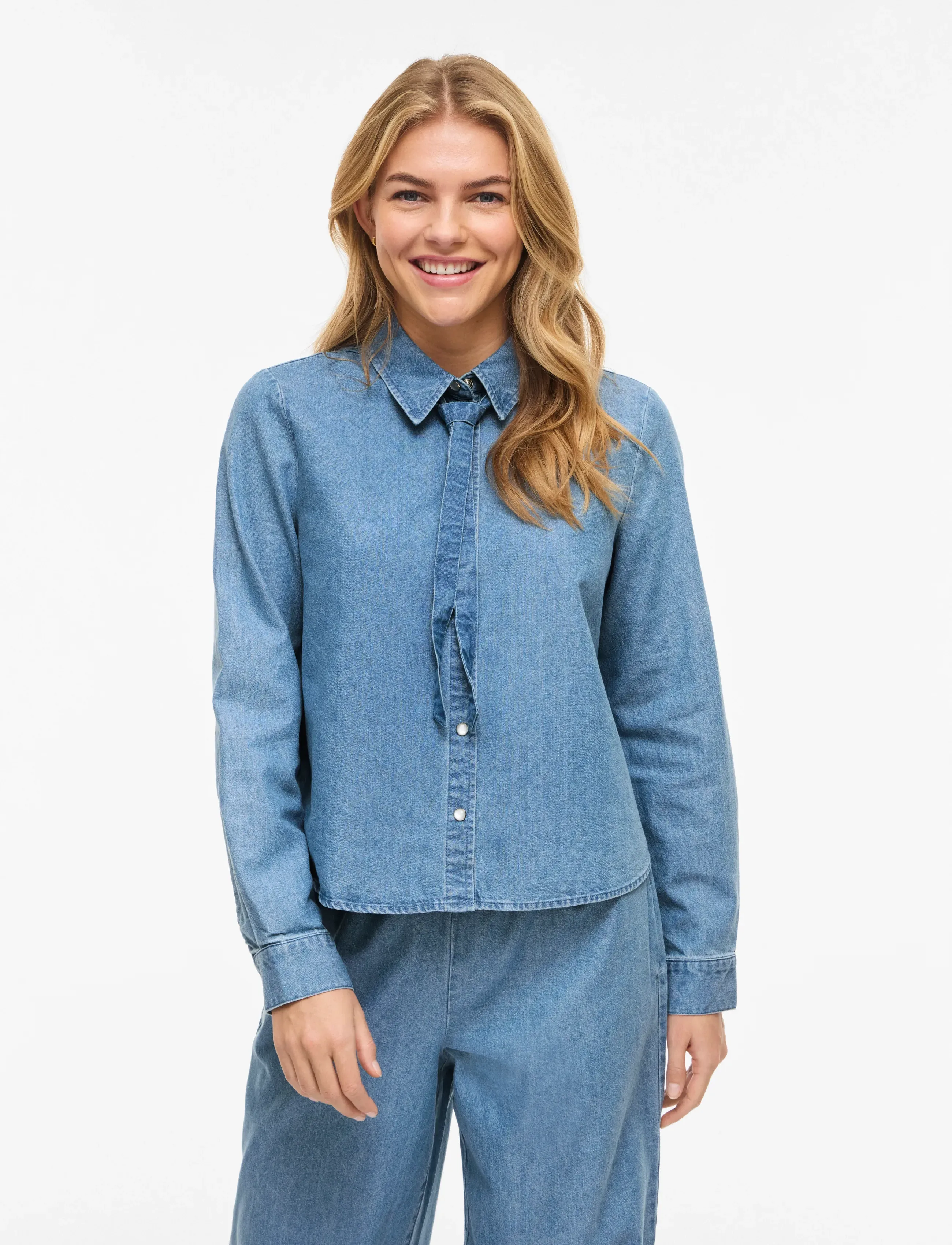 Vila Viconga L/S Bow Denim Shirt, 44, Blue, Skjorter > Denim-Skjorter, Dame