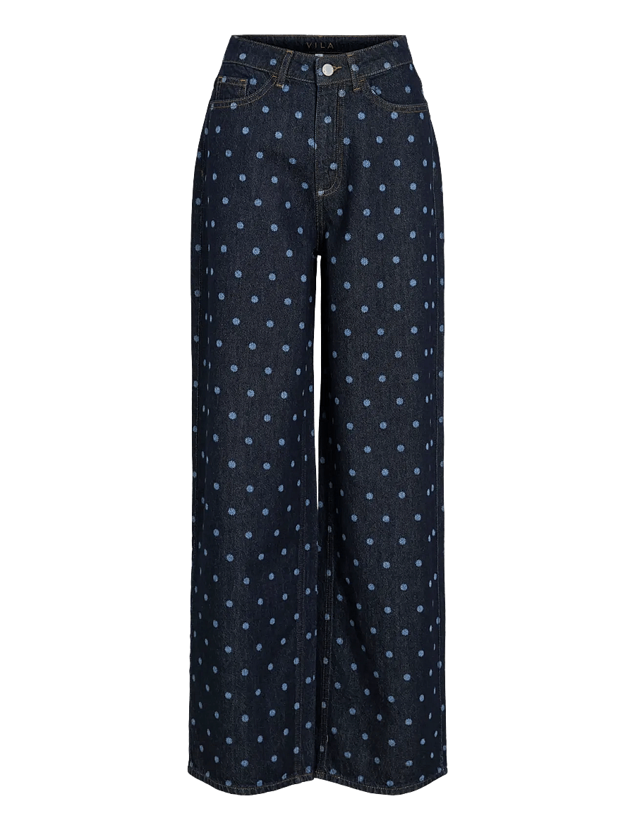 Vila - VIFREYA PAL HW DOT WIDE JEANS DBD - pantalons larges - dark blue denim - 1