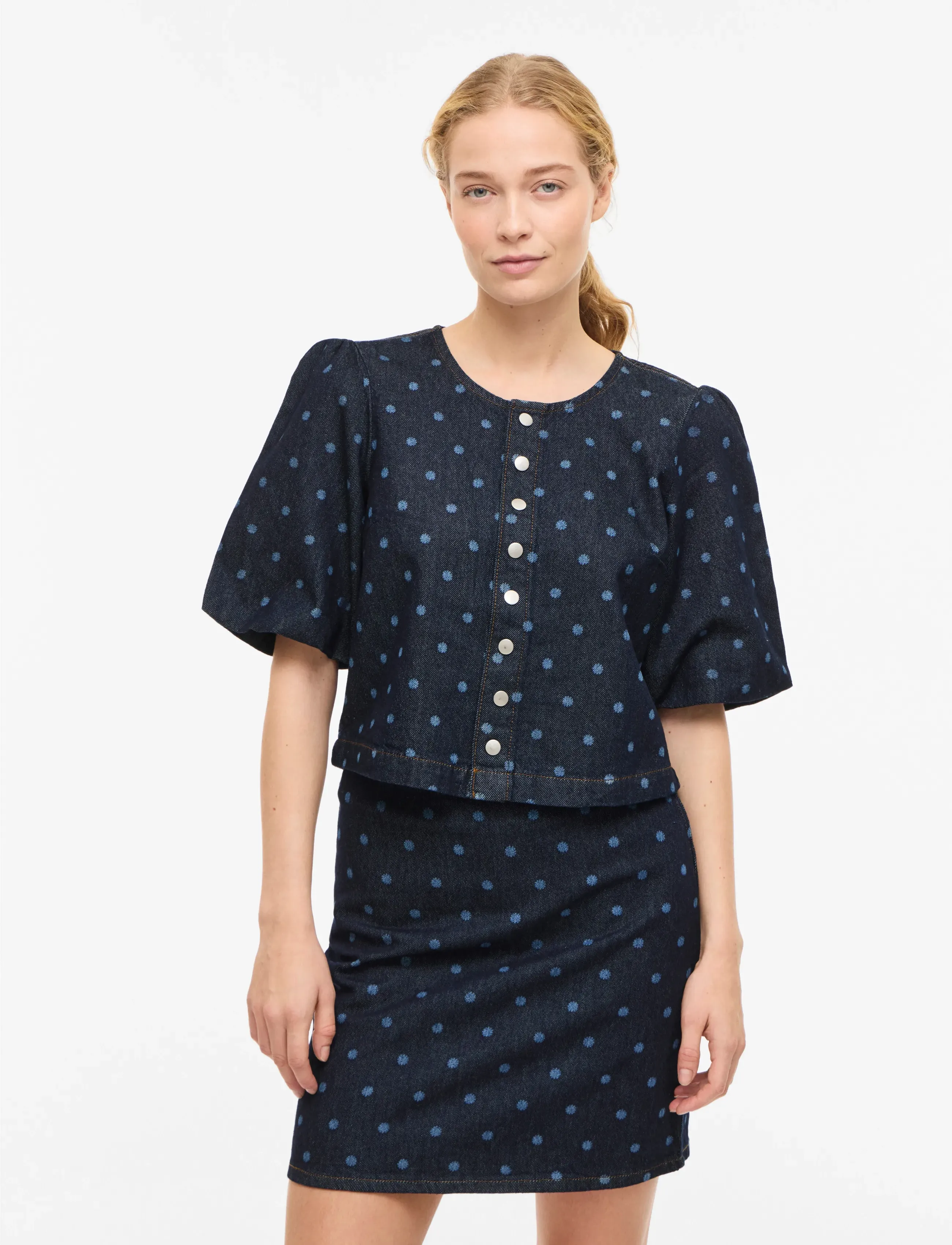 Vila Vipal 2/4 Dot Denim Top, 38, Blue, Skjorter > Kortærmede, Dame