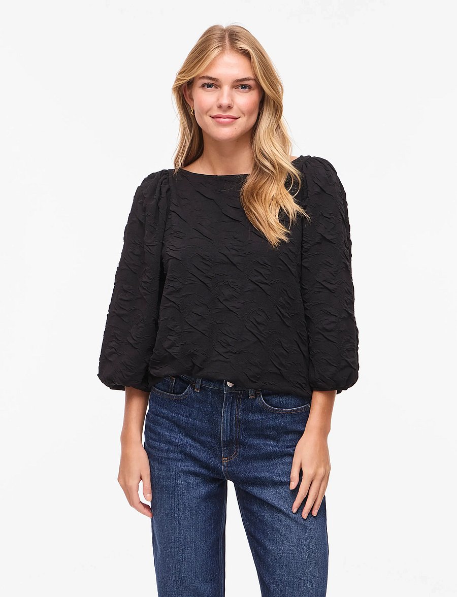 Vila - VIDEVERA BOATNECK 3/4 JACQUARD TOP/R/1 - langærmede bluser - black beauty - 0