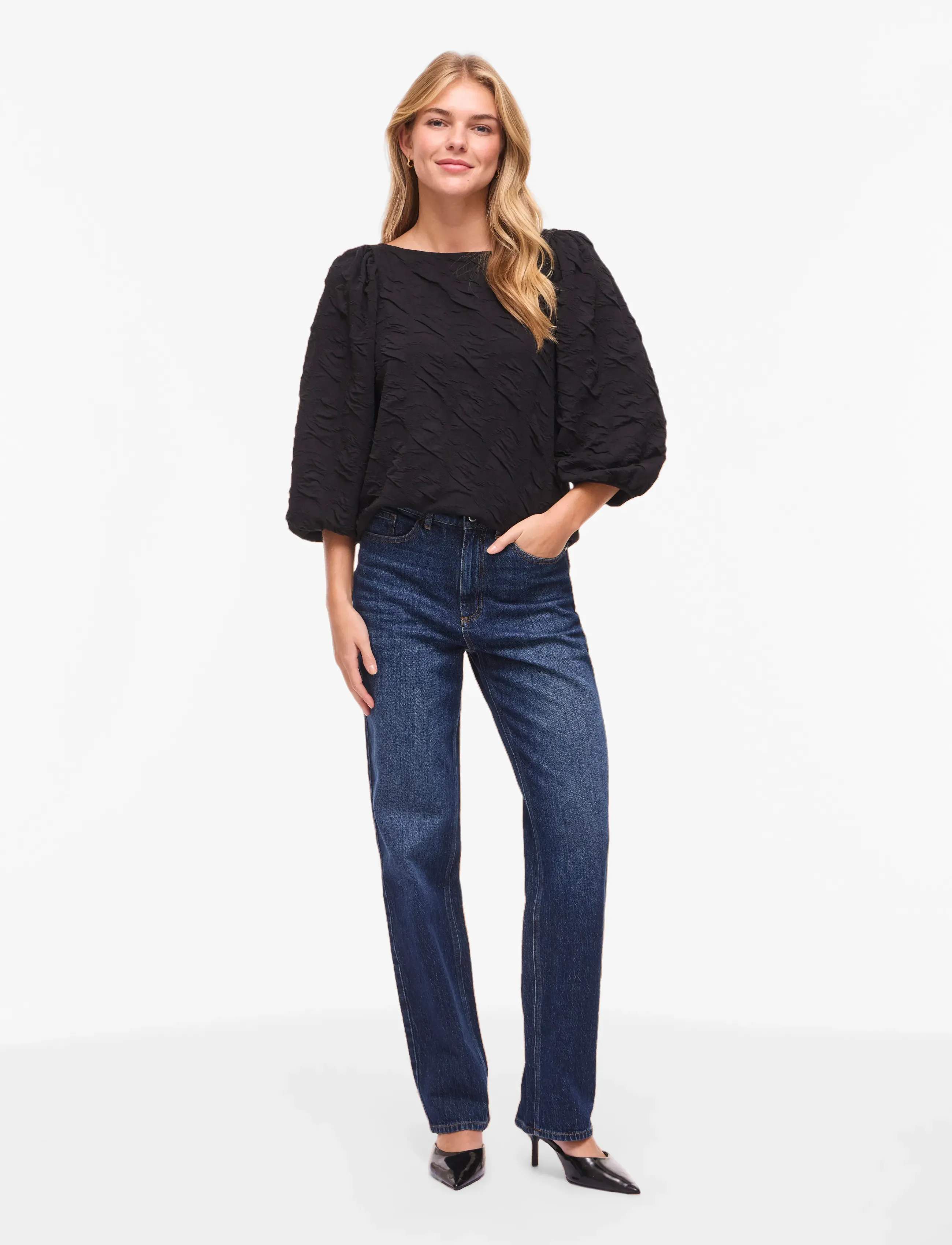 Vila - VIDEVERA BOATNECK 3/4 JACQUARD TOP/R/1 - langærmede bluser - black beauty - 4