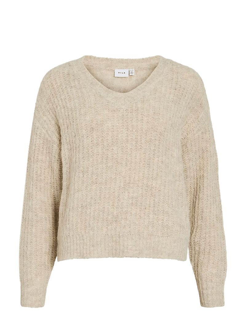 Vila - VILAMPE V-NECK L/S KNIT TOP-NOOS - stickade tröjor - super light natural melan - 1