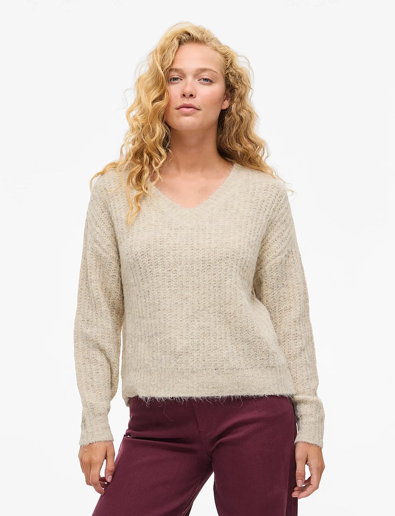 Vila - VILAMPE V-NECK L/S KNIT TOP-NOOS - stickade tröjor - super light natural melan - 0