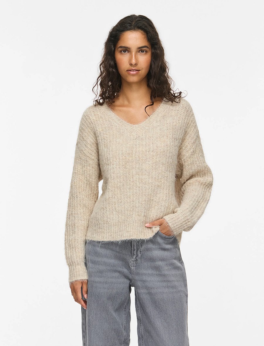 Vila - VILAMPE V-NECK L/S KNIT TOP-NOOS - stickade tröjor - super light natural melan - 0