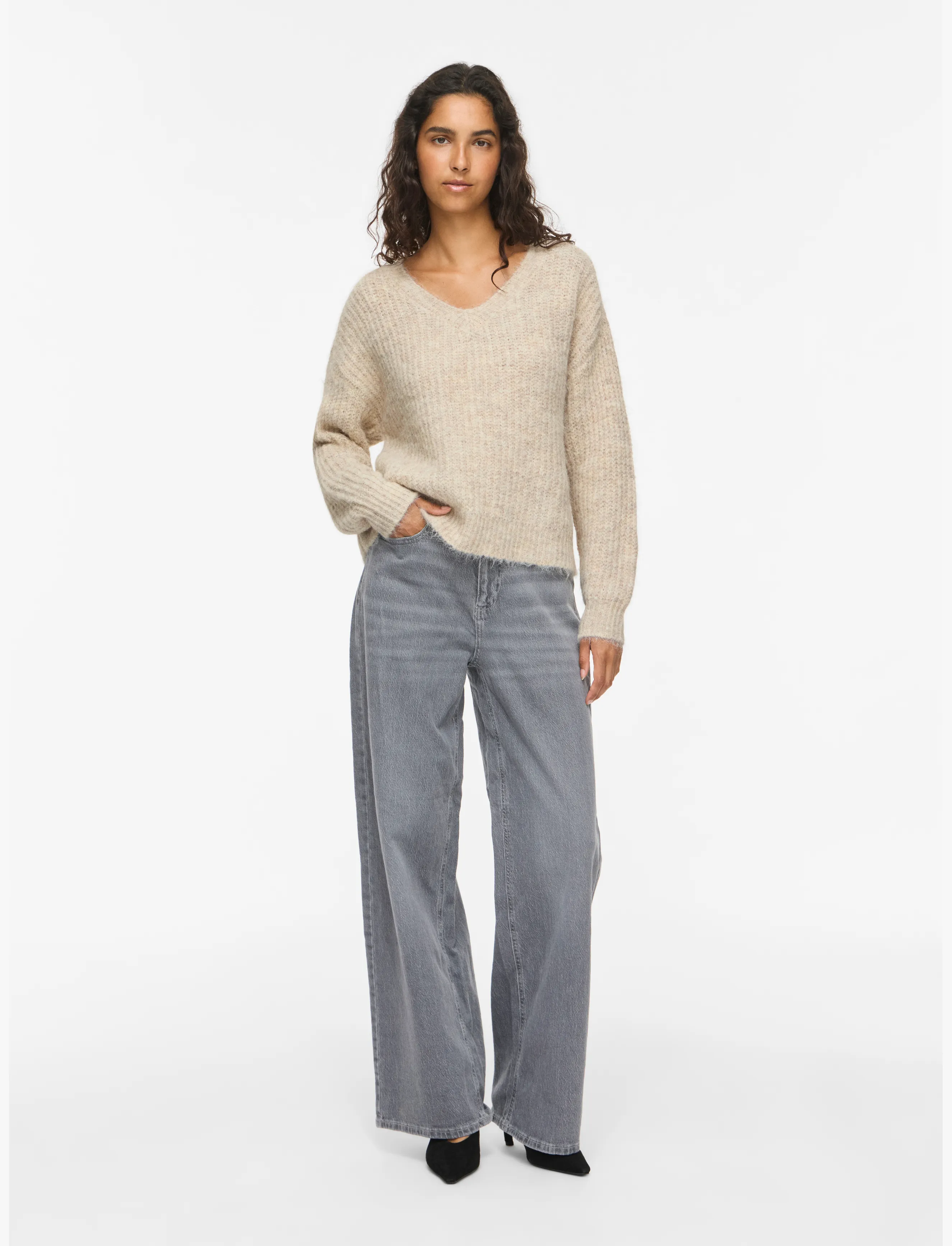 Vila - VILAMPE V-NECK L/S KNIT TOP-NOOS - stickade tröjor - super light natural melan - 4