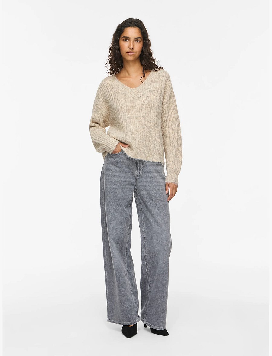 Vila - VILAMPE V-NECK L/S KNIT TOP-NOOS - stickade tröjor - super light natural melan - 4