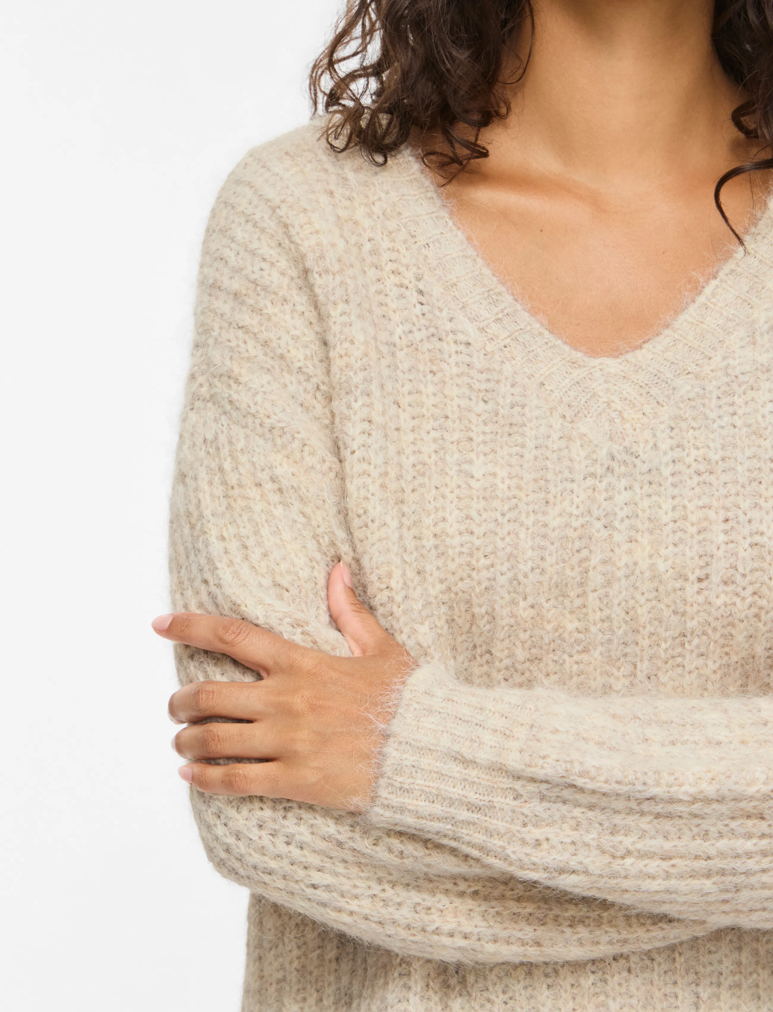 Vila - VILAMPE V-NECK L/S KNIT TOP-NOOS - stickade tröjor - super light natural melan - 5
