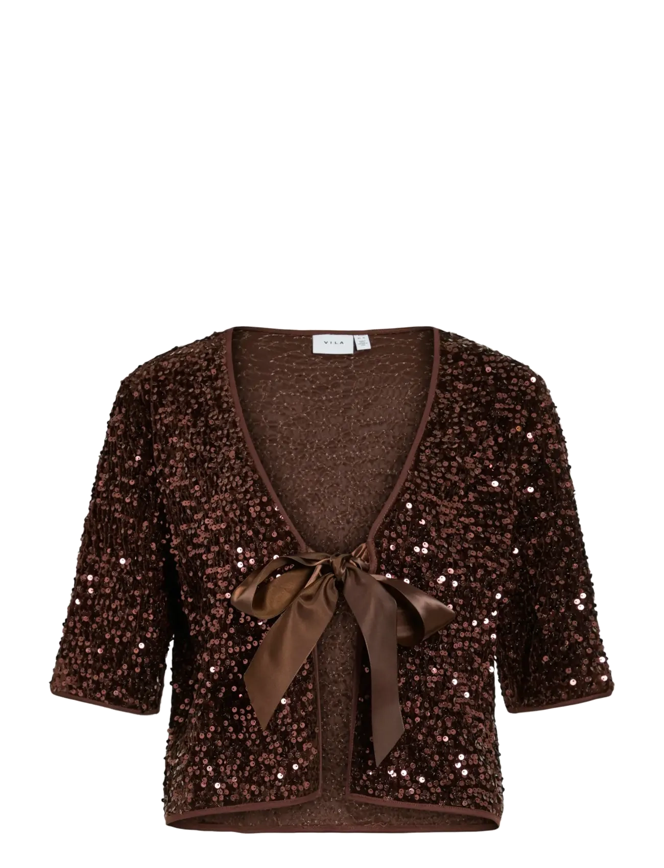 VILA Vibelieve S/S Tie Sequins Oberteil/Ptyka Braun - 36 - Damen