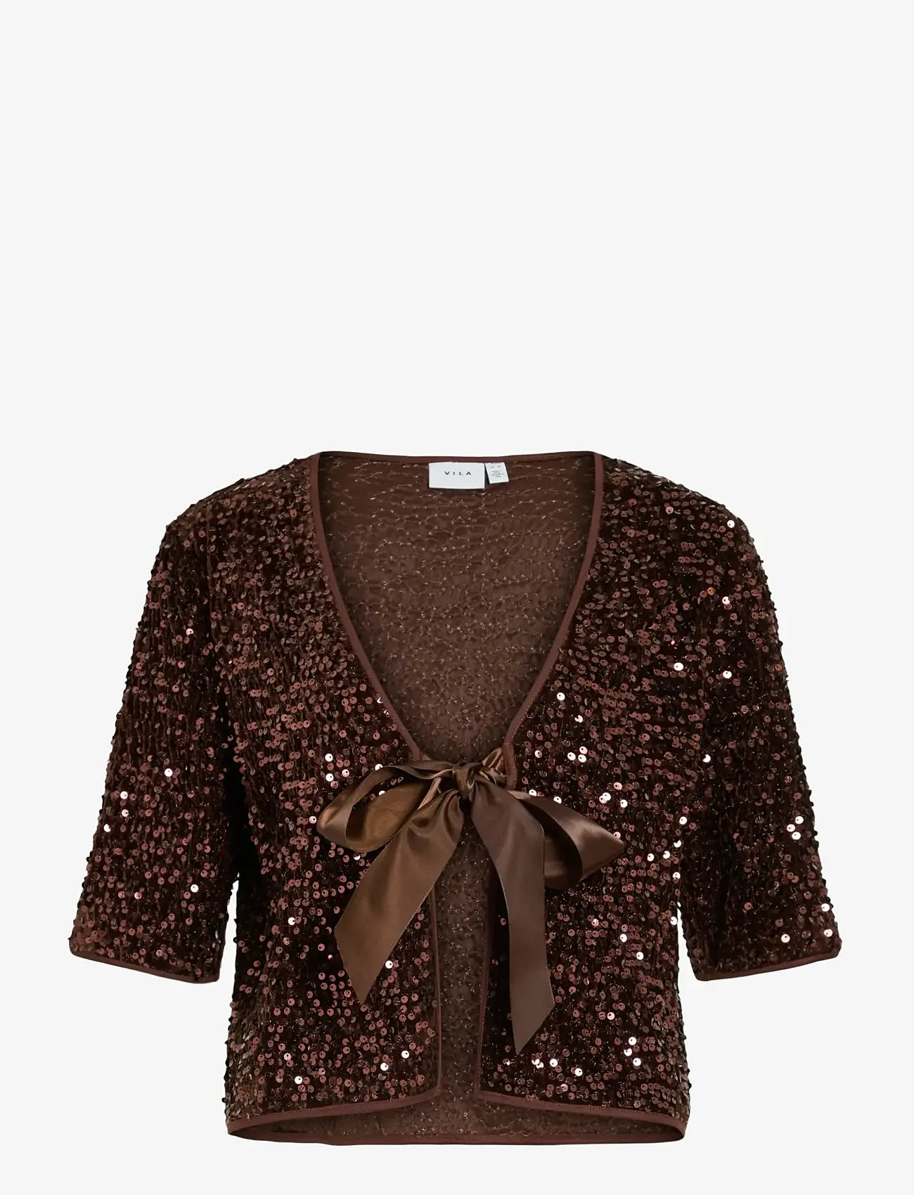 Vila - VIBELIEVE S/S TIE SEQUINS TOP/PTYKA - t-särgid - hot chocolate - 0