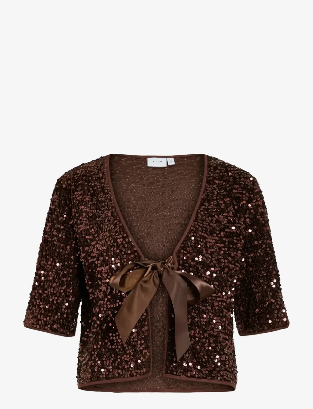 Vila - VIBELIEVE S/S TIE SEQUINS TOP/PTYKA - marškinėliai - hot chocolate - 0