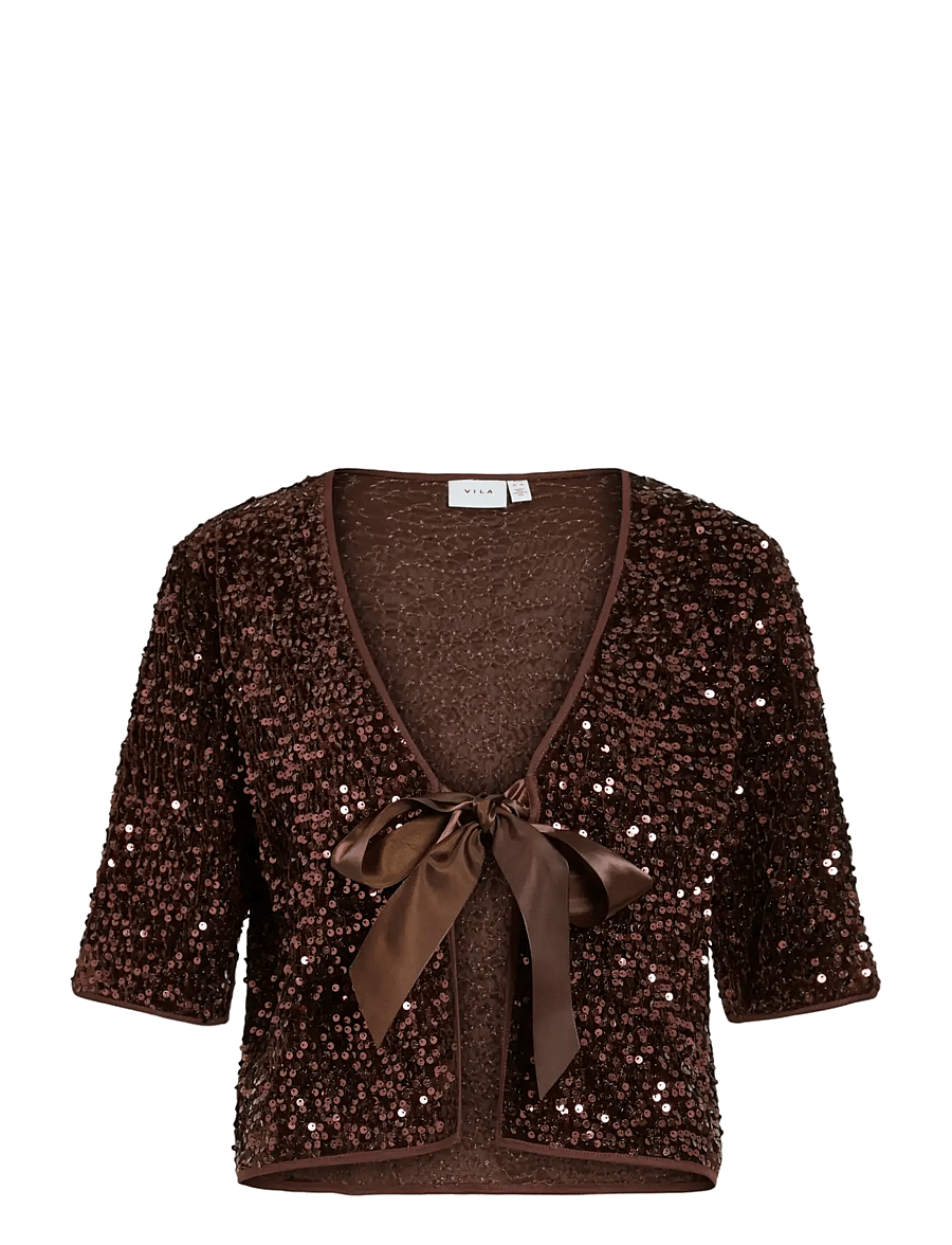 Vila - VIBELIEVE S/S TIE SEQUINS TOP/PTYKA - t-särgid - hot chocolate - 0
