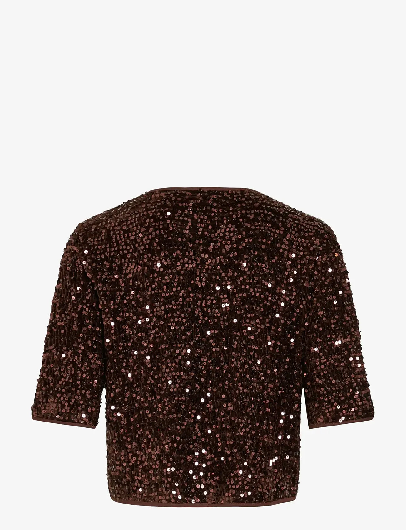 Vila - VIBELIEVE S/S TIE SEQUINS TOP/PTYKA - t-särgid - hot chocolate - 1