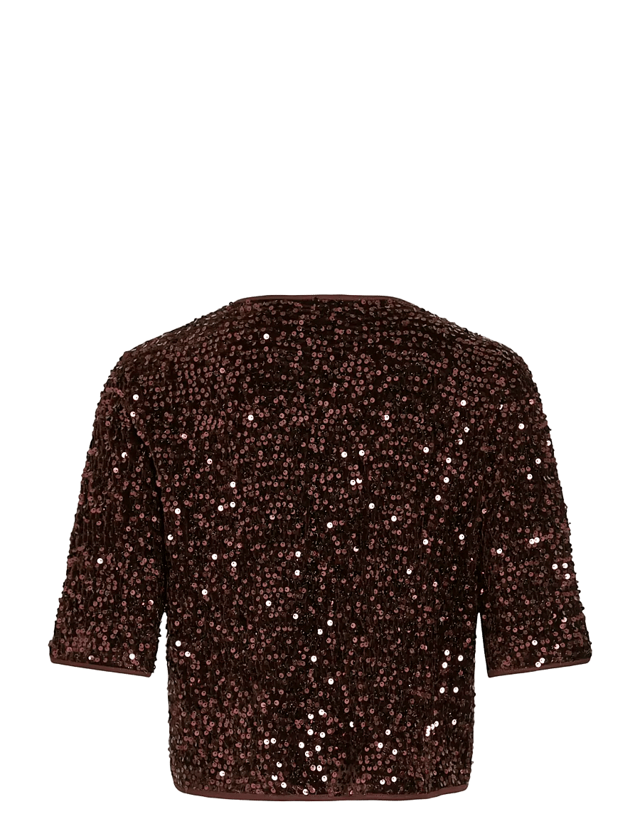 Vila - VIBELIEVE S/S TIE SEQUINS TOP/PTYKA - t-särgid - hot chocolate - 1